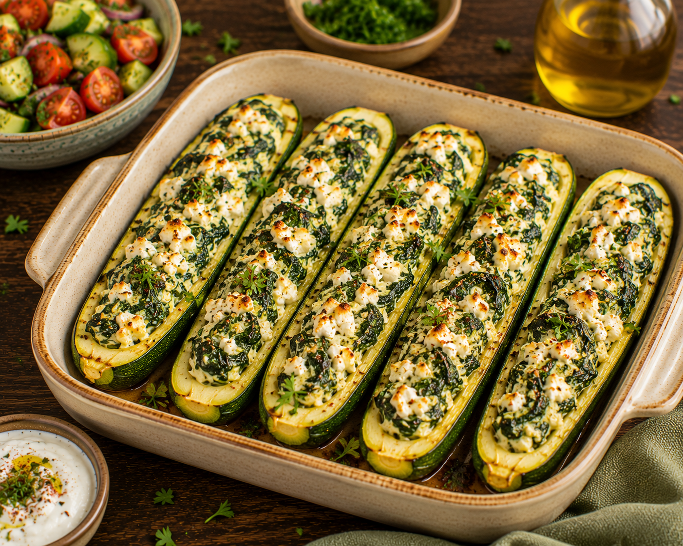 Roasted zucchini boats stuffed with spinach, feta cheese, quinoa, herbs, and baked until golden.