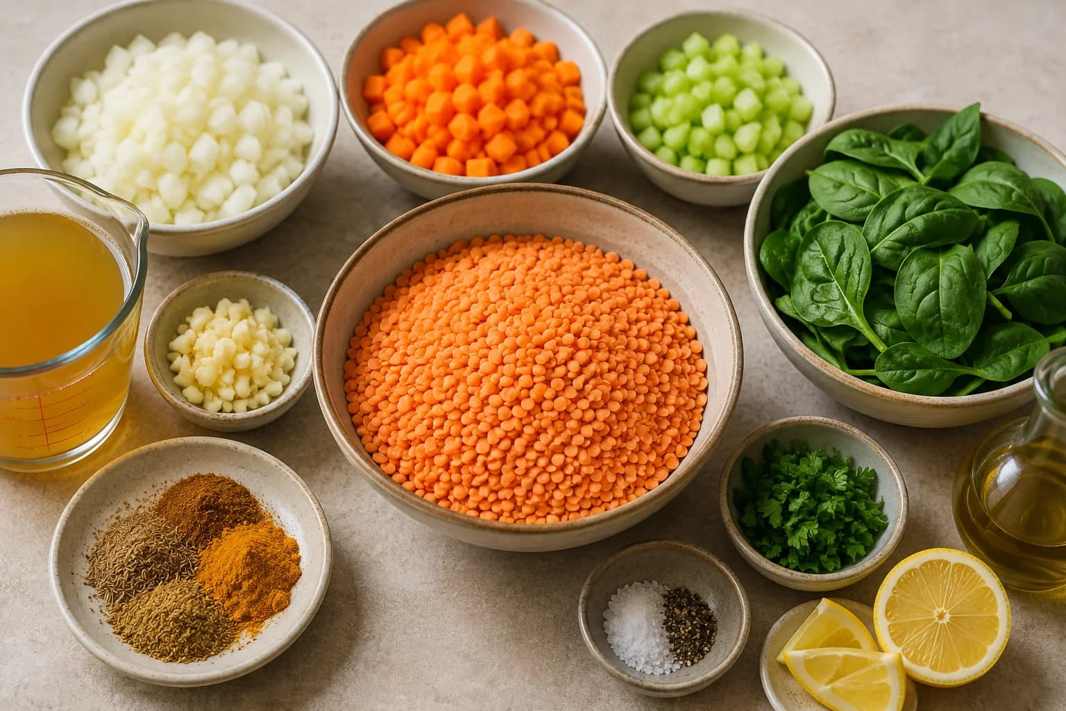 Rinsed red lentils and prepared vegetables arranged for making spinach lentil soup.