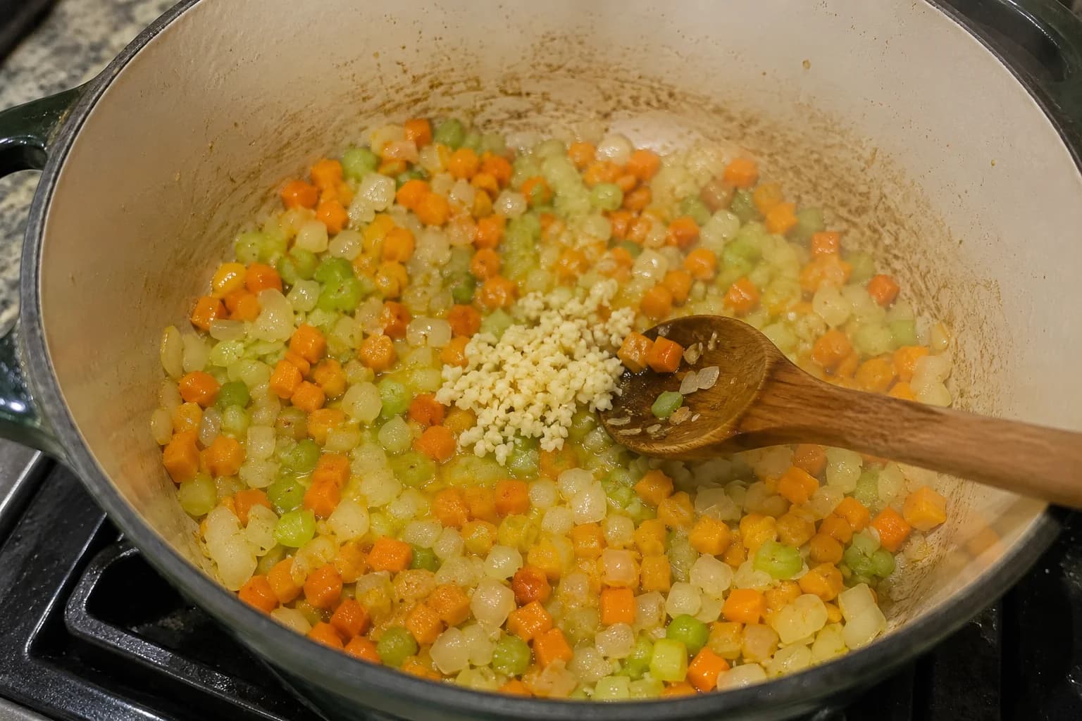 Onion, carrot, celery, and garlic sautéing in olive oil in a soup pot.