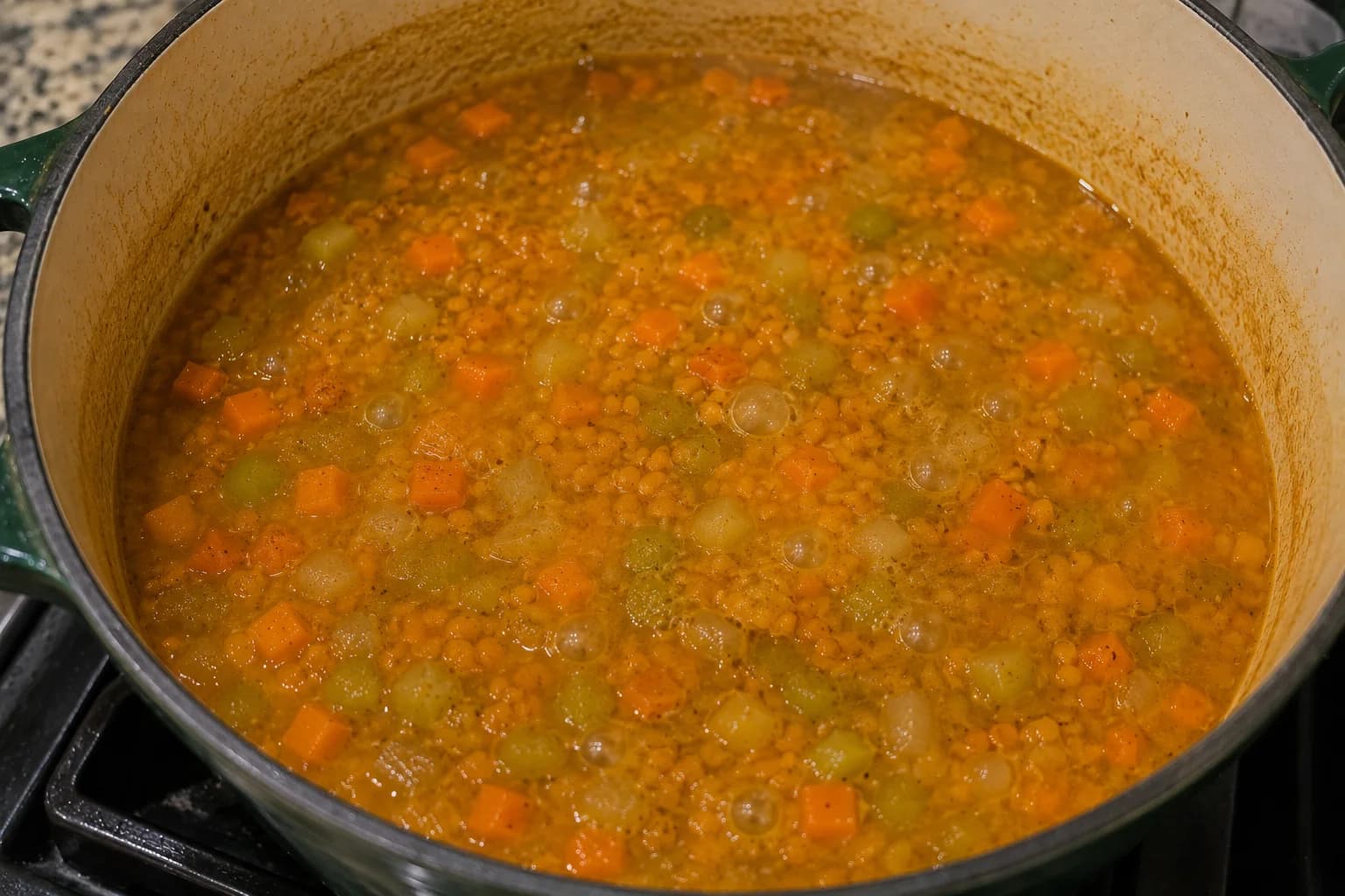 Red lentils and vegetables simmering in seasoned vegetable broth.