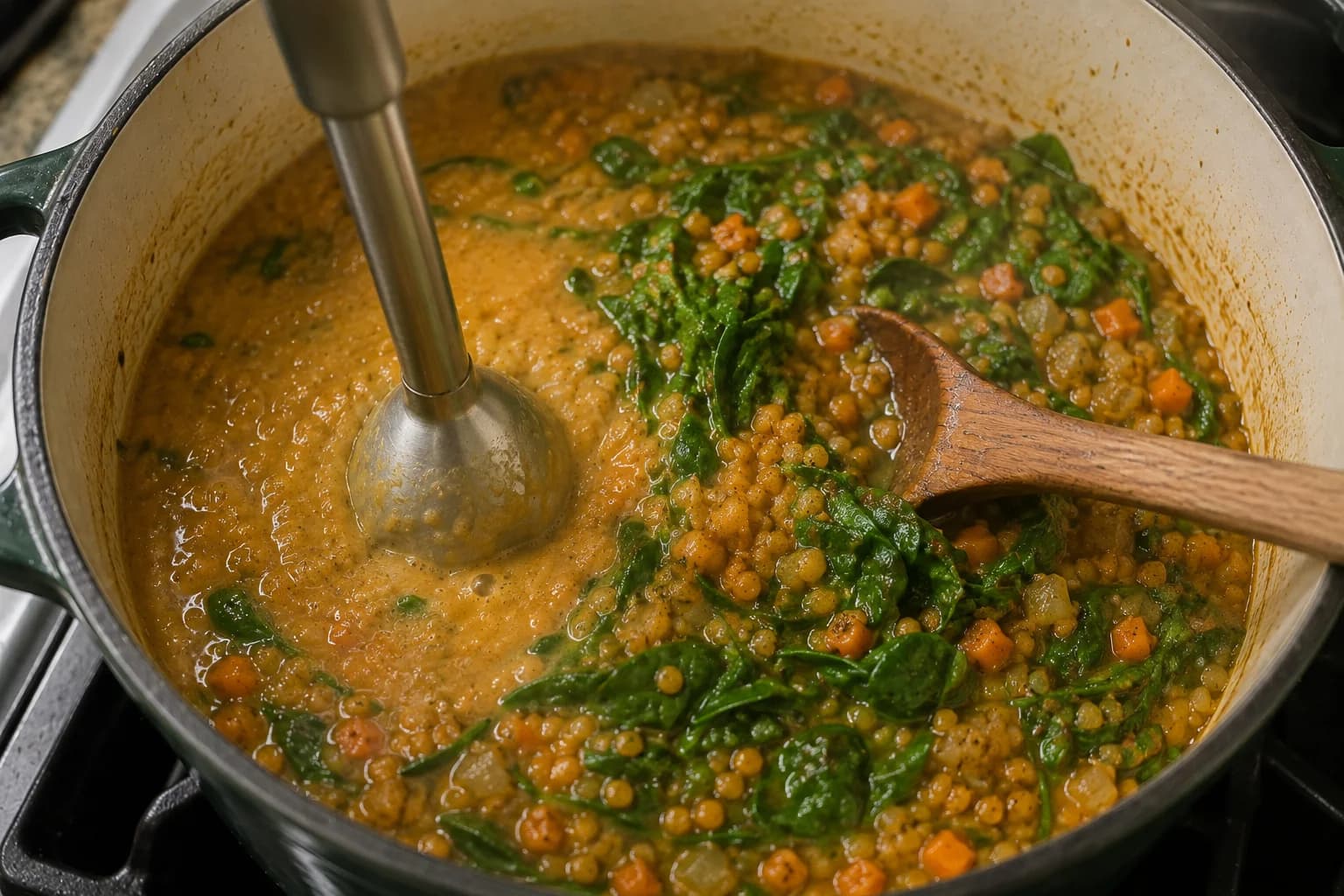 Spinach being stirred into thick red lentil soup before partially blending for a creamy texture.