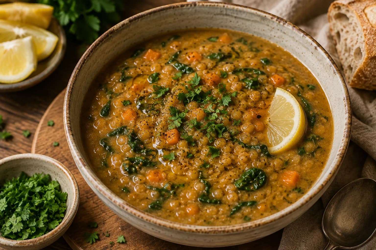 Finished spinach lentil soup garnished with parsley, lemon, and a drizzle of olive oil.