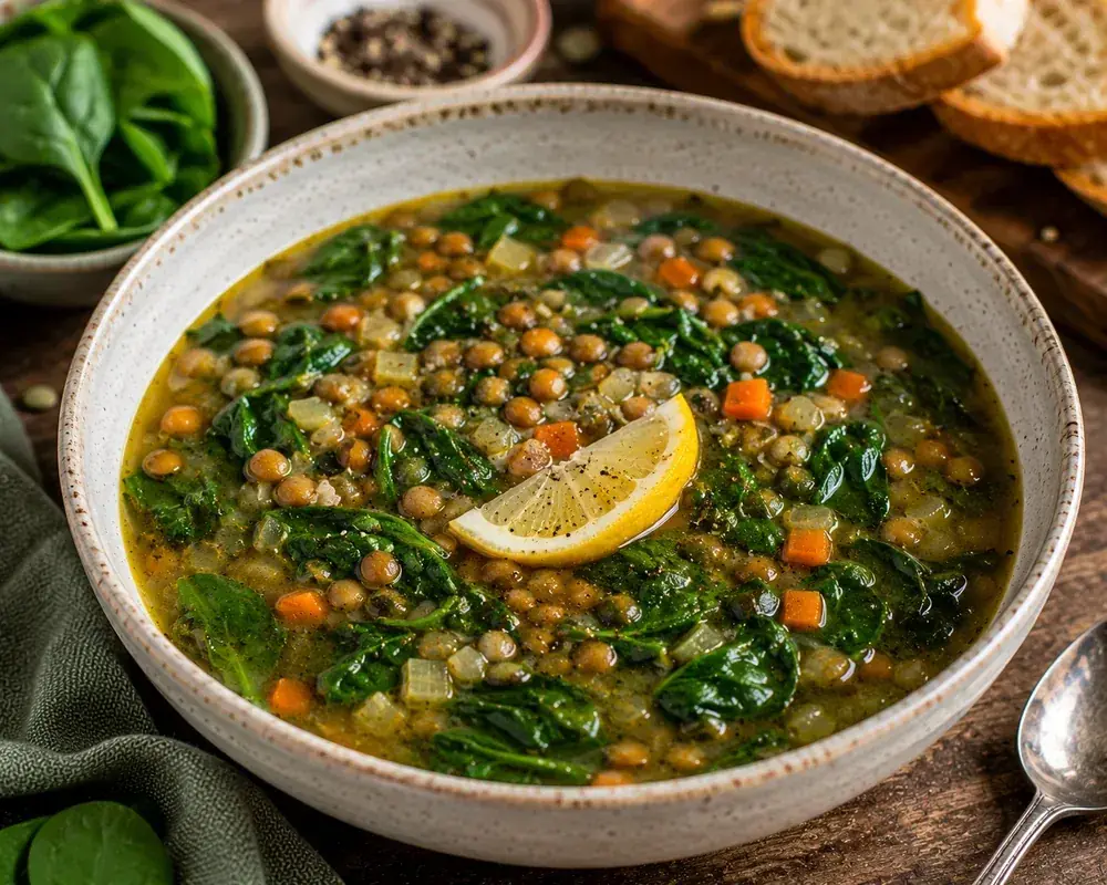 Mediterranean spinach lentil soup with tender red lentils, vegetables, fresh spinach, parsley, lemon wedges, and olive oil.