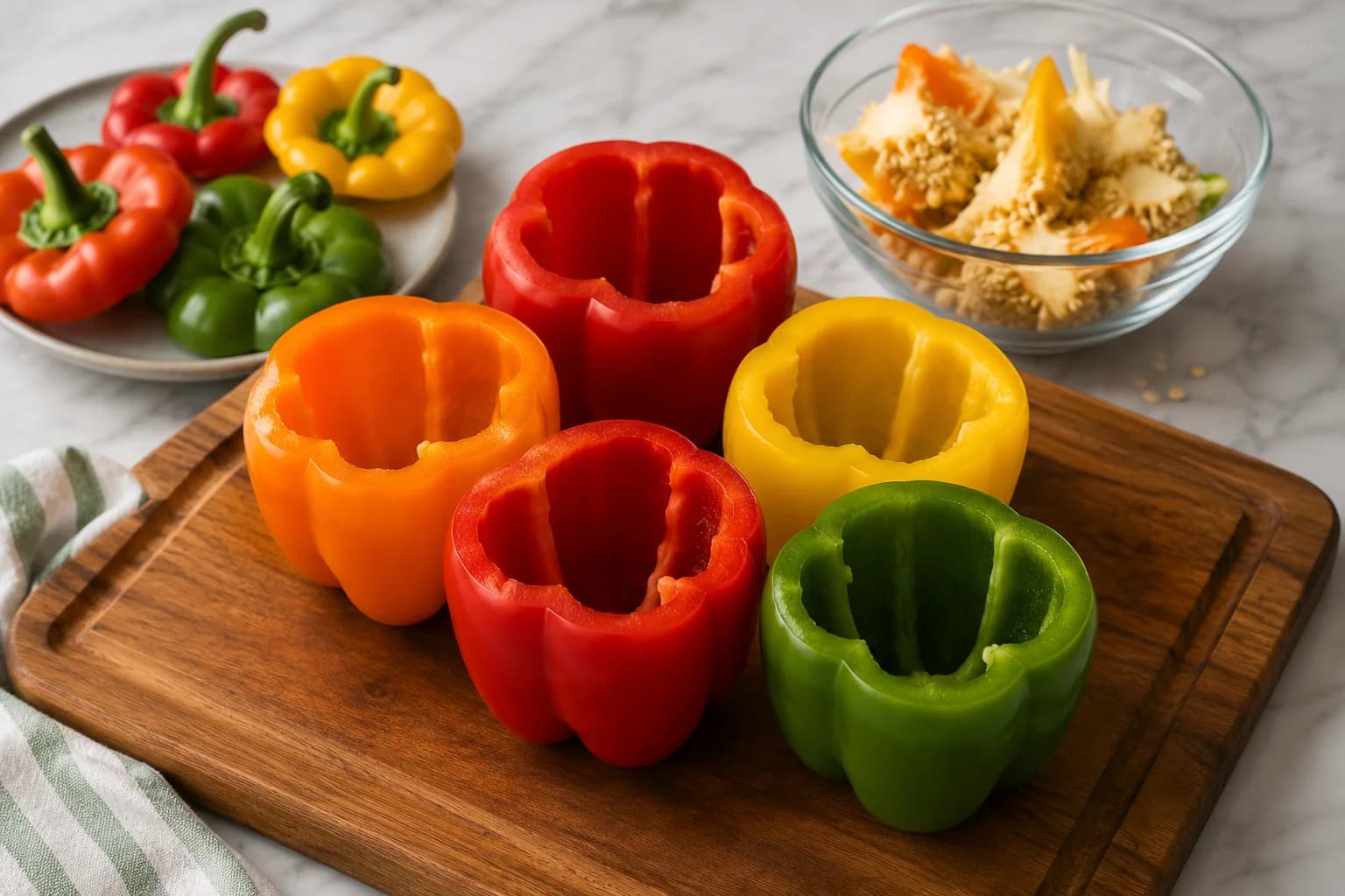 Colorful bell peppers with their tops removed and seeds and inner membranes cleaned out.