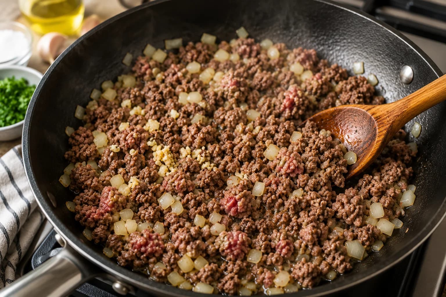 Ground beef browning with diced onion and garlic in a skillet for Mediterranean stuffed peppers.