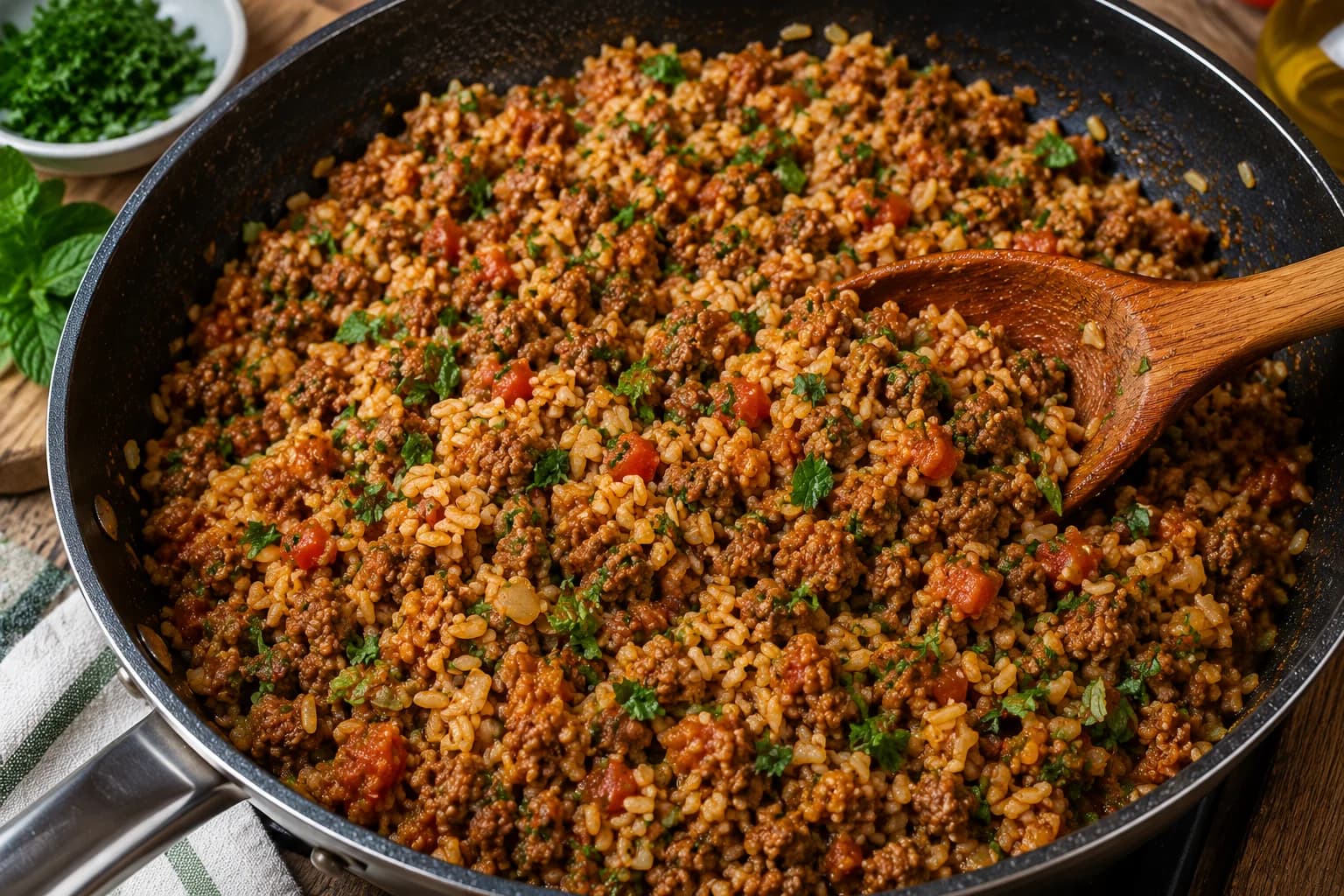Savory beef and brown rice filling mixed with tomatoes, herbs, and Mediterranean spices in a skillet.