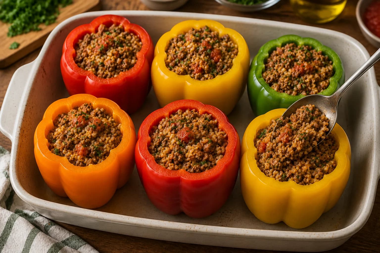 Colorful bell peppers standing upright in a baking dish and filled with seasoned beef and rice mixture.