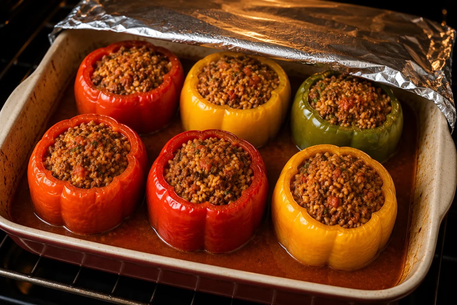 Stuffed bell peppers arranged upright in a baking dish with broth around them and covered with foil.