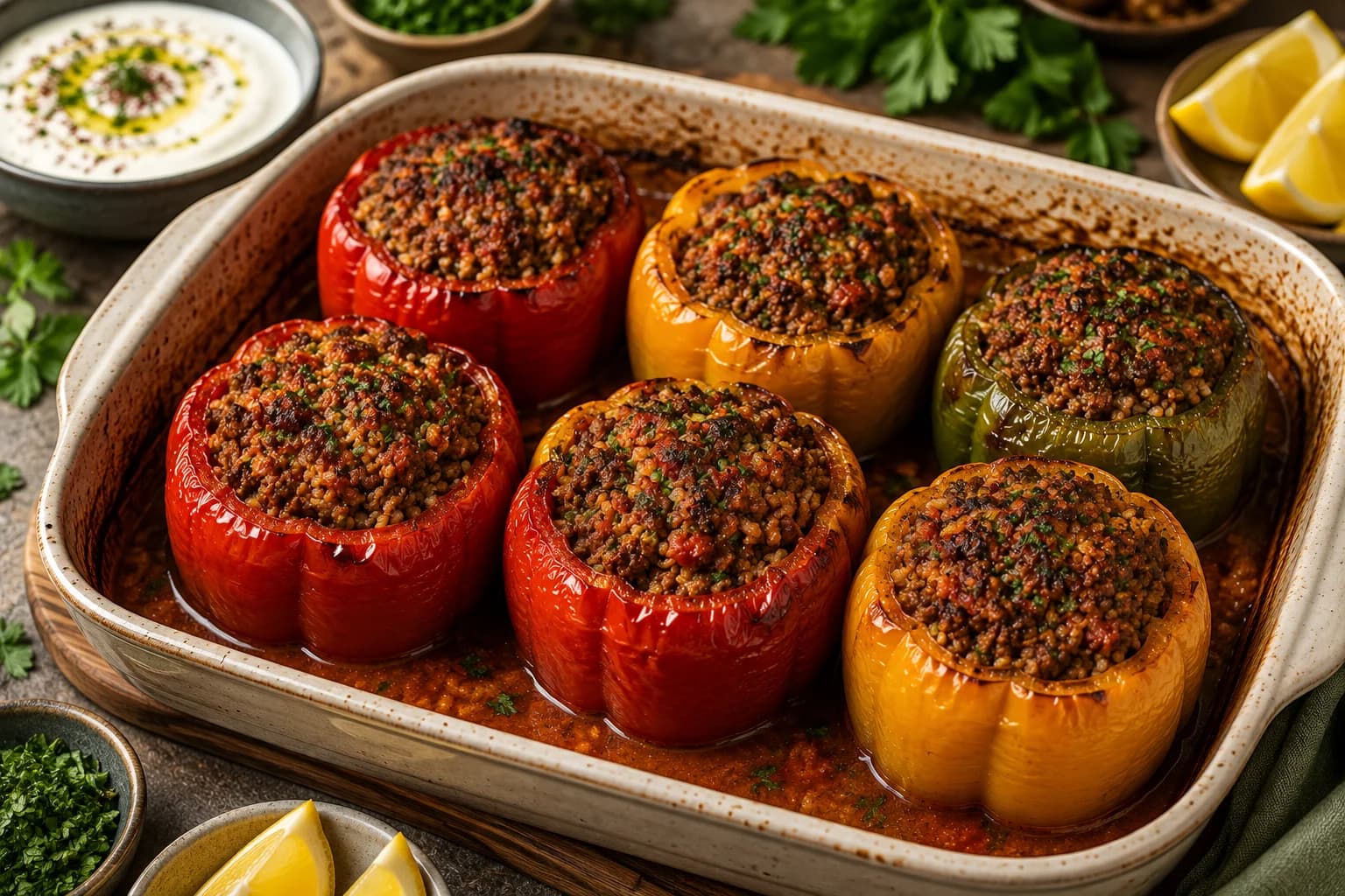 Tender golden Mediterranean stuffed bell peppers served with yogurt, tahini, fresh herbs, and lemon.
