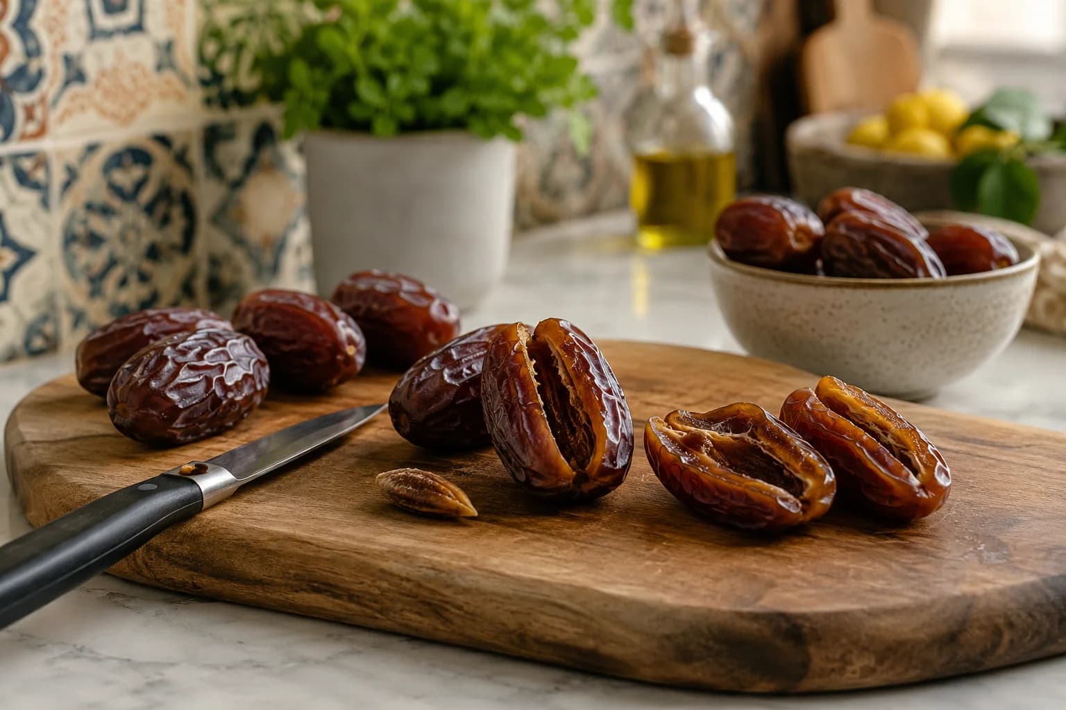 Soft Medjool dates being carefully slit open and pitted on a wooden cutting board in a stylish Mediterranean kitchen.