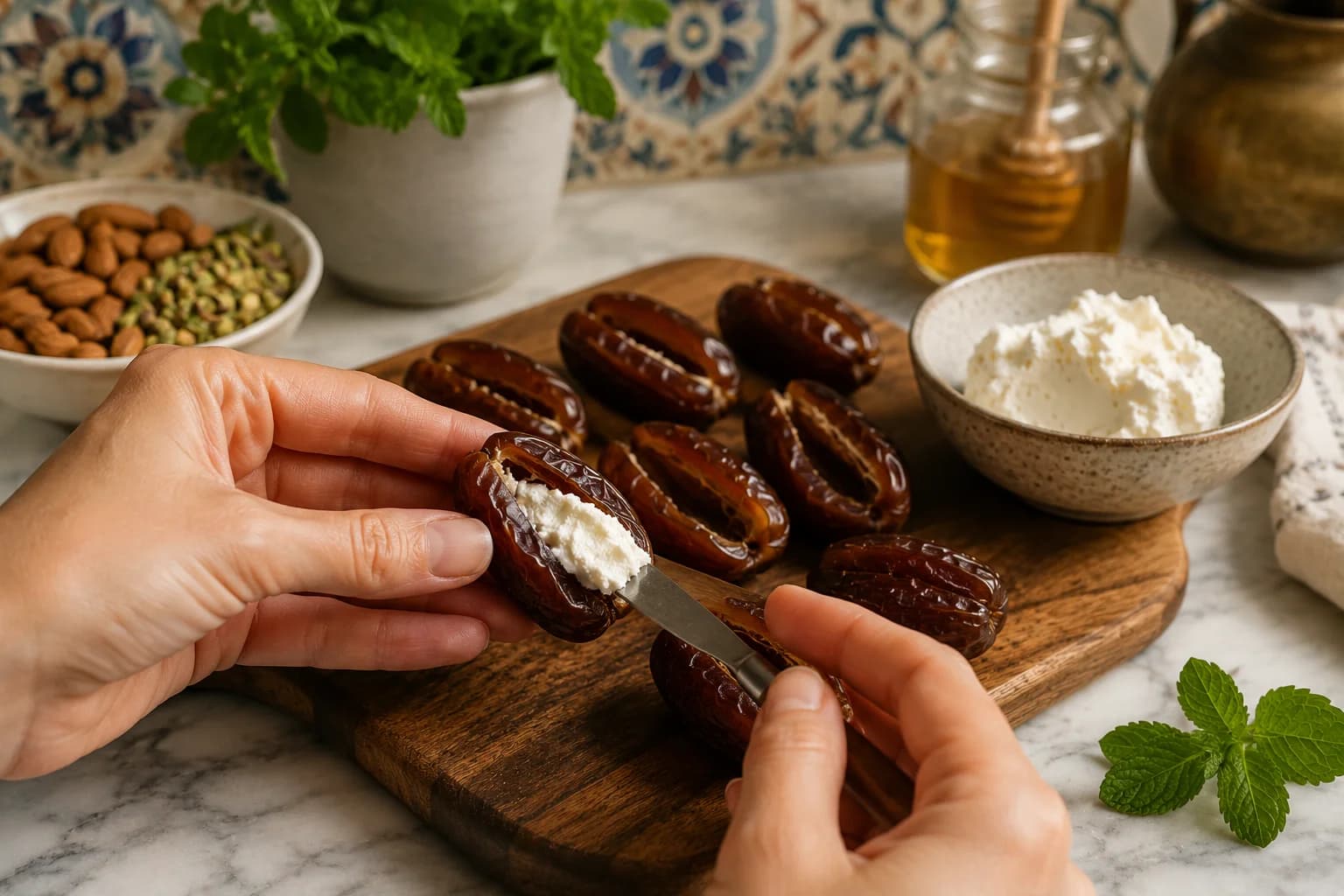 Soft goat cheese being gently placed inside an opened Medjool date in a stylish Mediterranean kitchen.