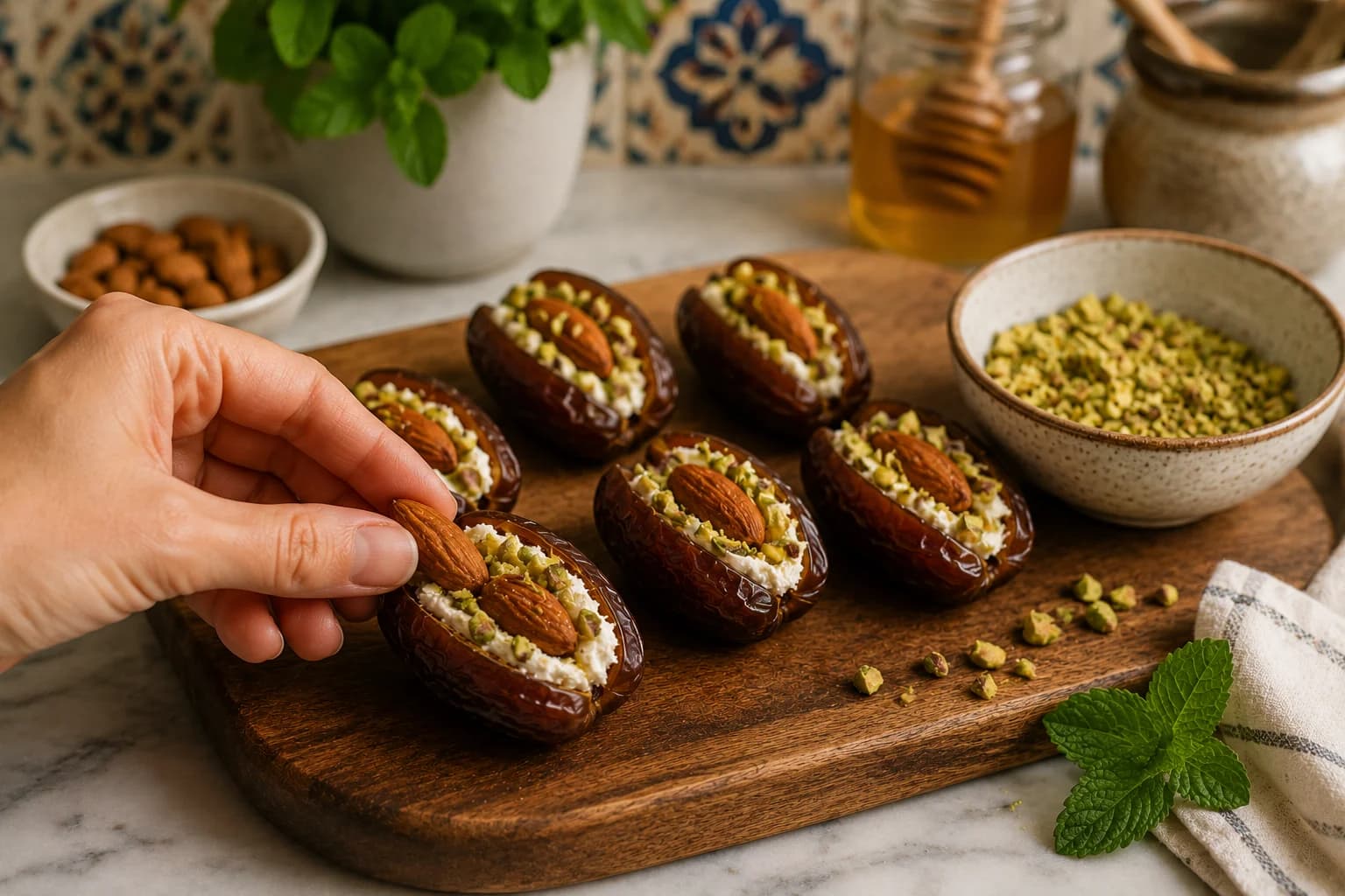 Medjool dates being filled with roasted almonds and chopped pistachios in a stylish Mediterranean kitchen.