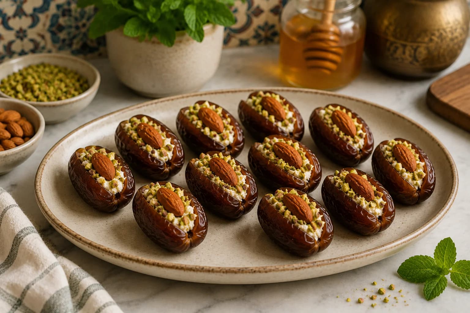 Neatly arranged almond and pistachio stuffed Medjool dates on a serving platter in a stylish kitchen.