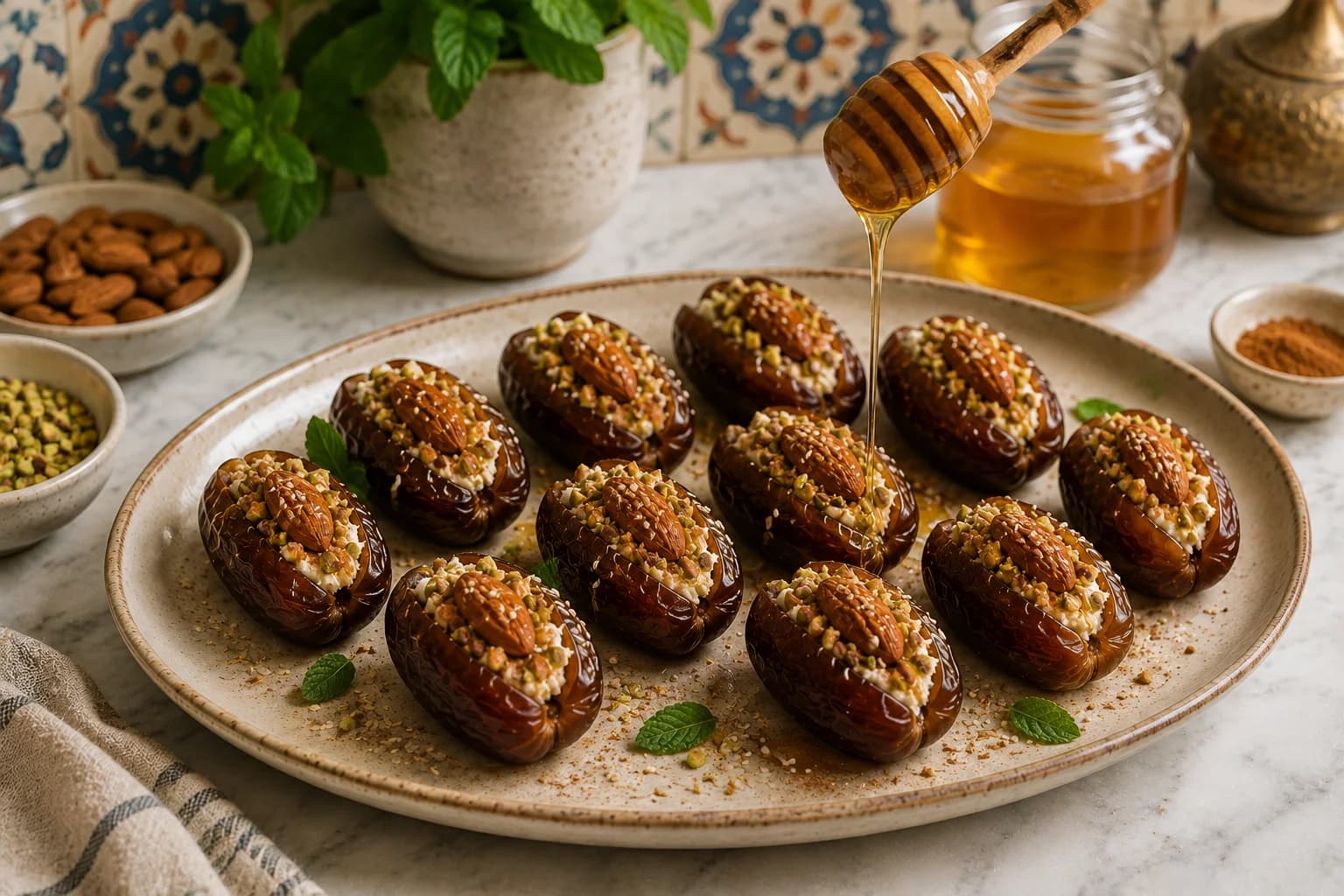 Stuffed Medjool dates being finished with a delicate drizzle of honey, toasted sesame seeds, and cinnamon in a stylish kitchen.
