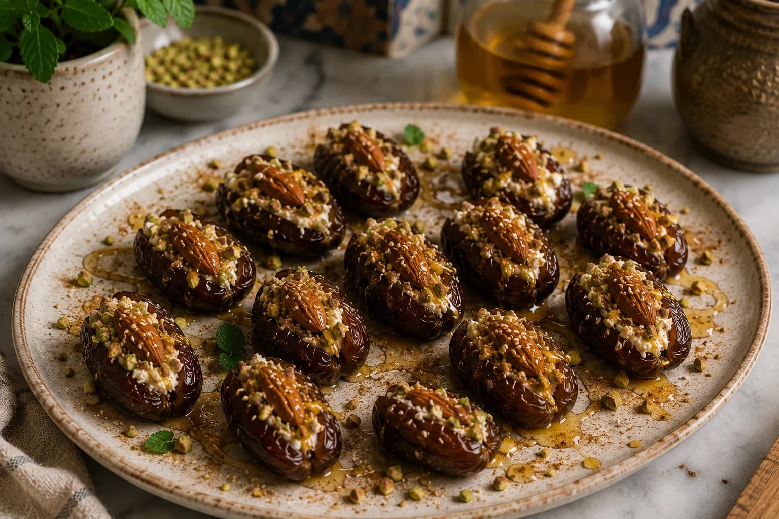 Finished stuffed Medjool dates with almonds, pistachios, honey, sesame, cinnamon, and fresh mint arranged elegantly in a stylish Mediterranean kitchen.