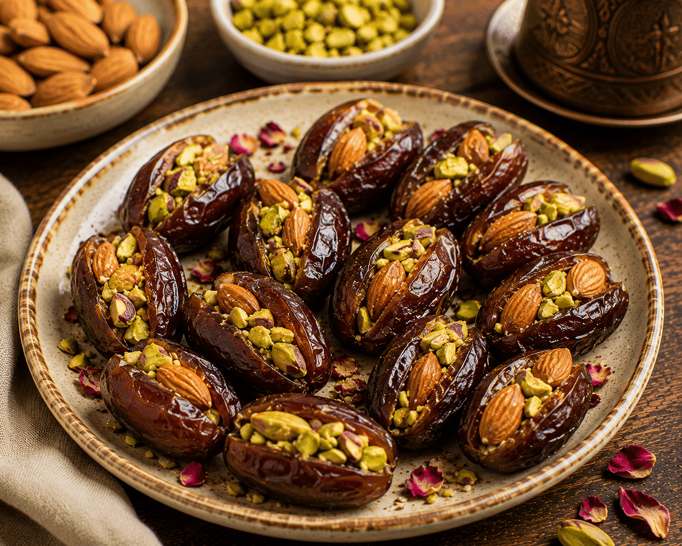 Medjool dates stuffed with almonds, pistachios, goat cheese, and topped with honey and sesame seeds.