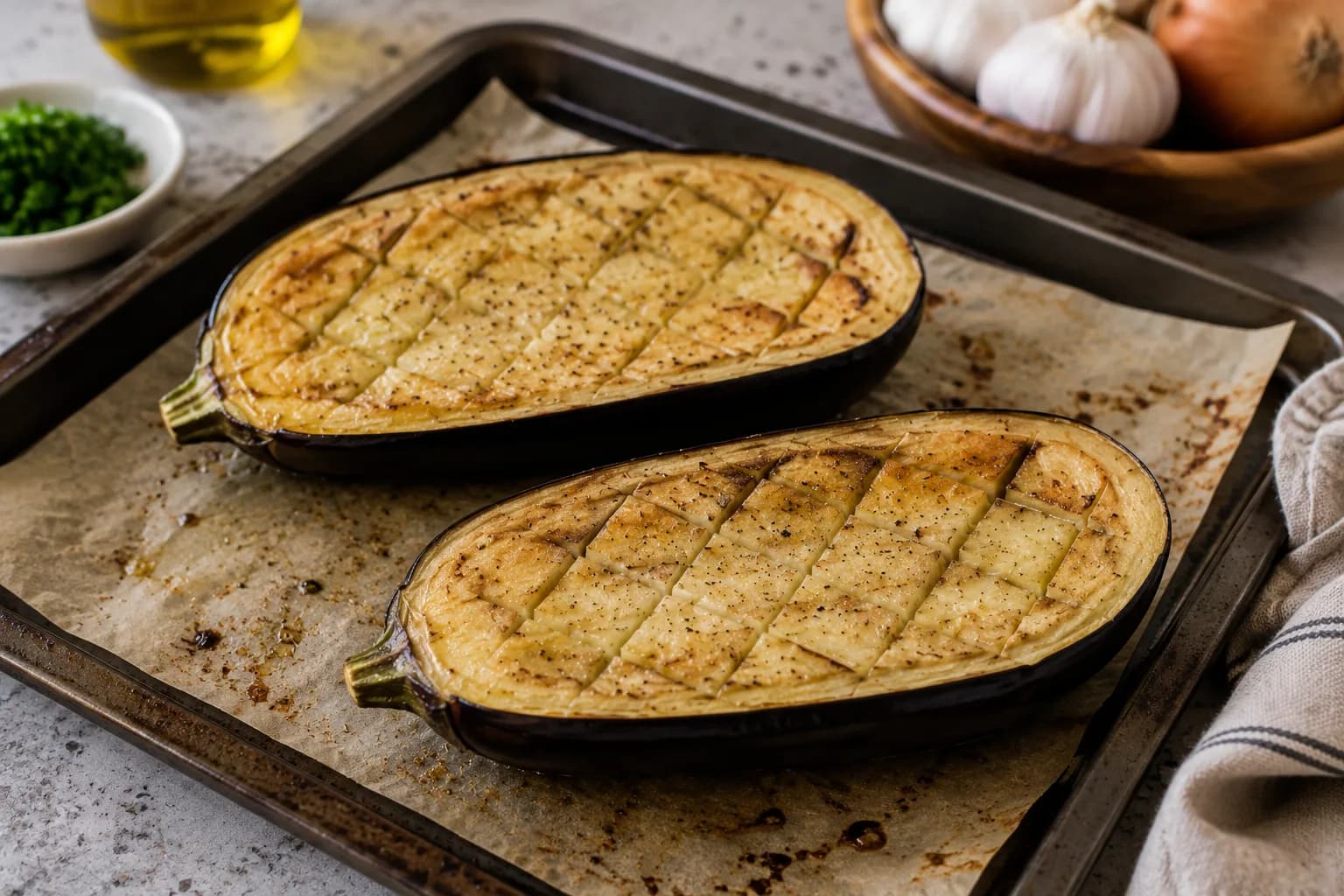 Eggplant halves roasting cut-side up until their flesh becomes tender.