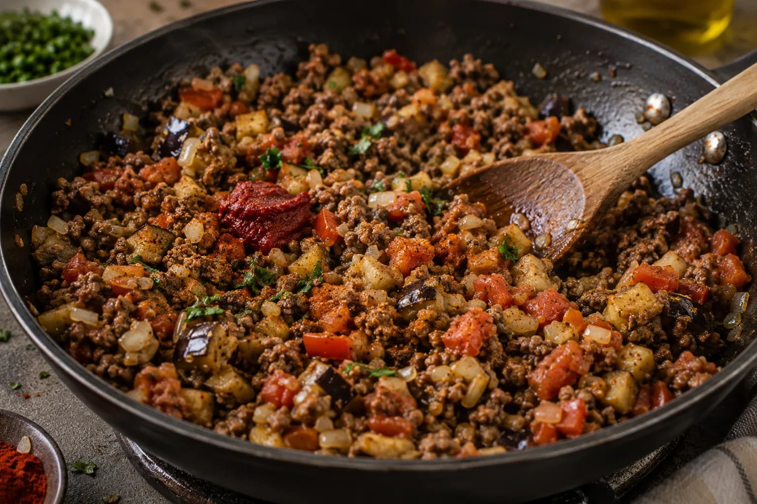 Ground beef cooking with onion, garlic, eggplant, tomatoes, tomato paste, and Mediterranean spices in a skillet.