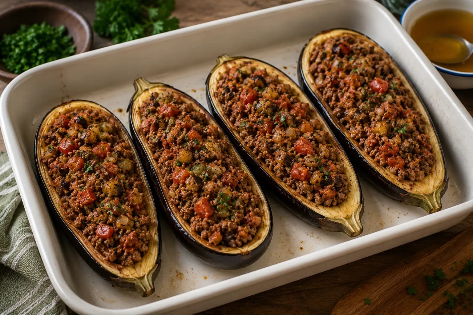 Roasted eggplant shells filled with thick seasoned beef and tomato mixture.