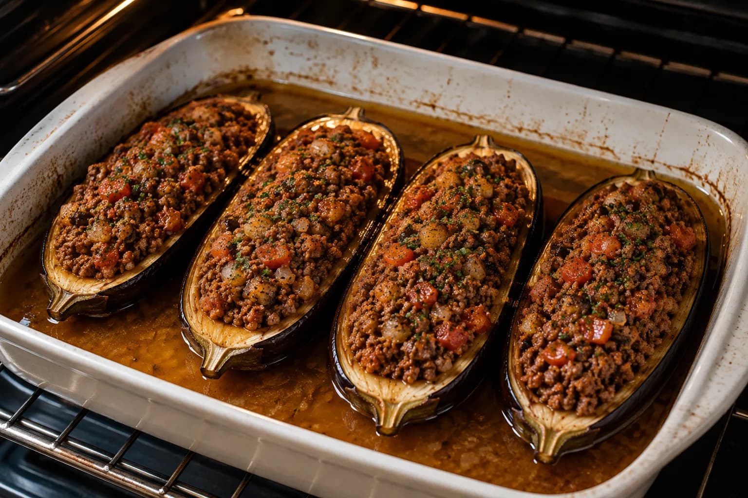 Stuffed eggplant halves arranged in a baking dish with broth around them before the final bake.
