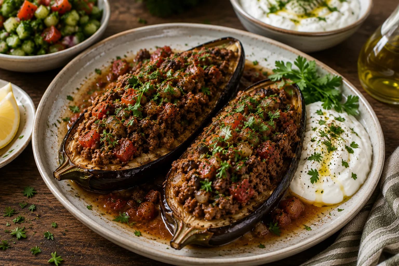 Finished Mediterranean stuffed eggplant served warm with fresh herbs and Mediterranean accompaniments.