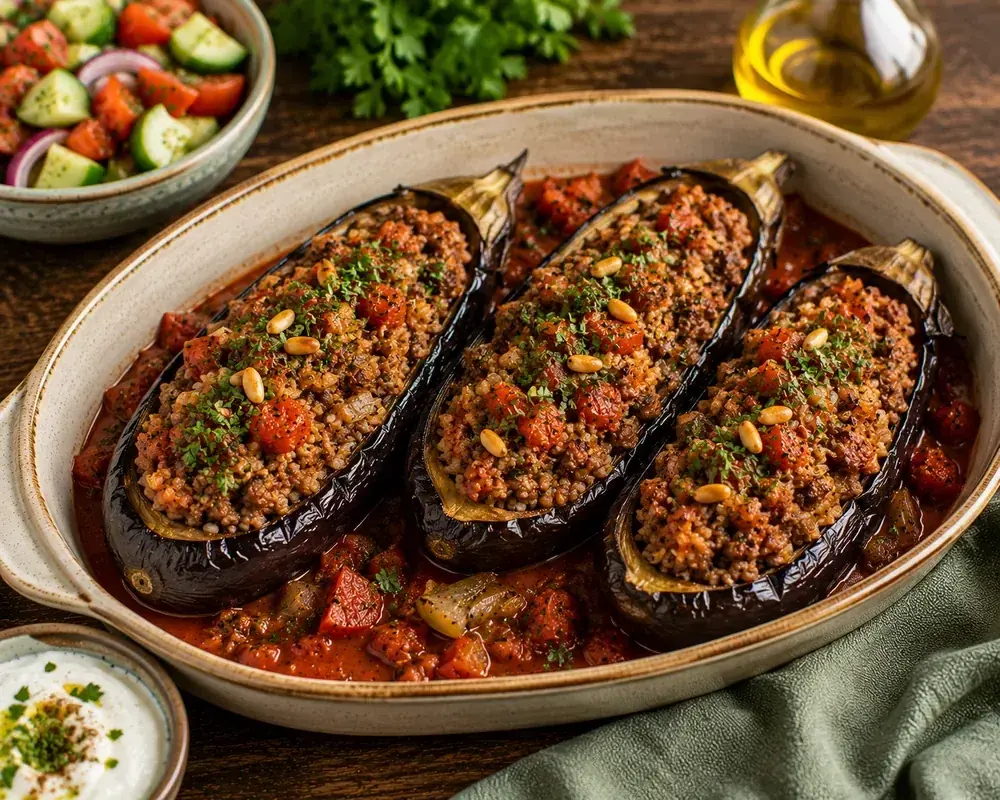 Roasted Mediterranean stuffed eggplant halves filled with seasoned lean ground beef, tomatoes, parsley, and herbs.