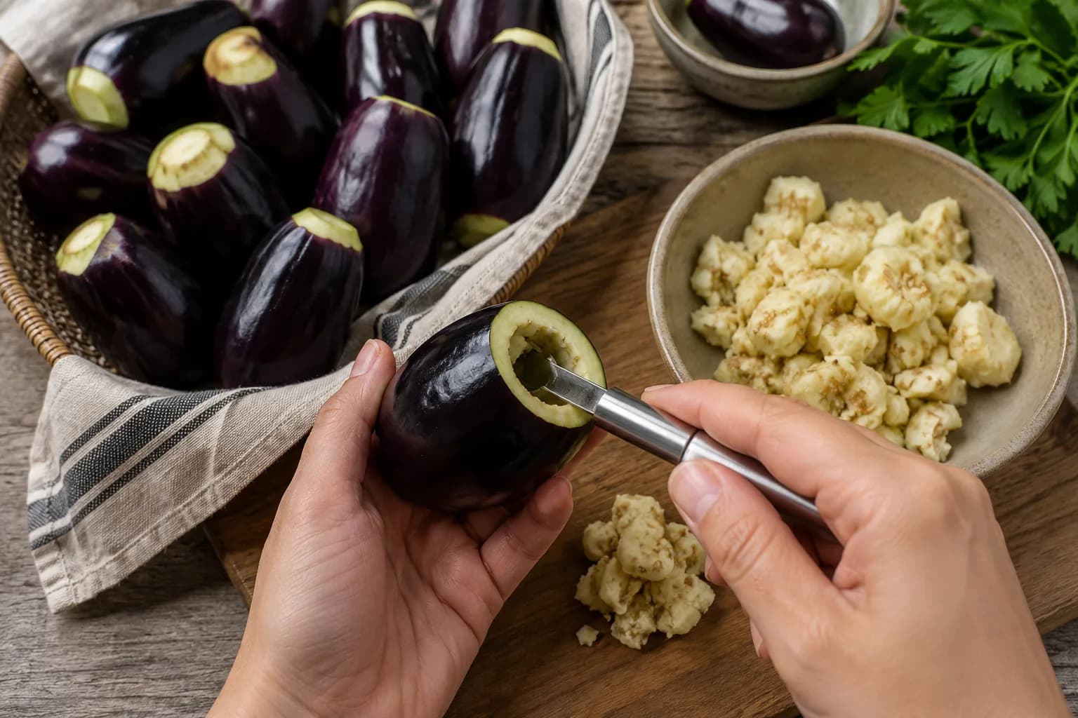Medium eggplants being carefully hollowed for an Egyptian-style rice stuffing in a stylish kitchen.