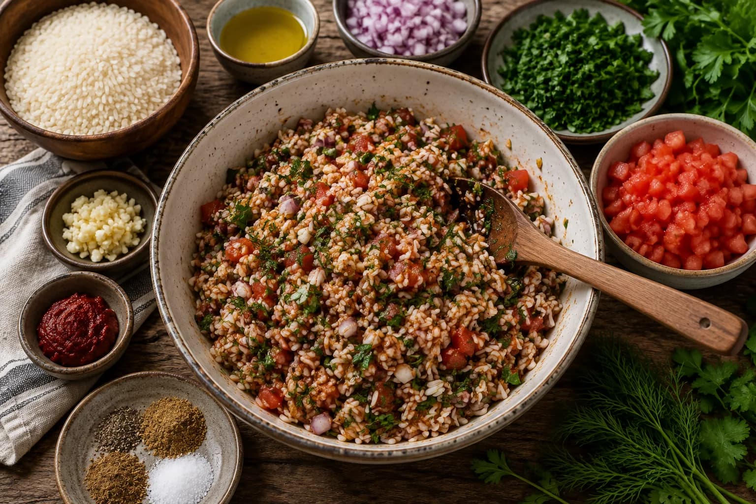 Raw short-grain rice mixed with tomato, onion, garlic, fresh herbs, tomato paste, and Egyptian-style spices.