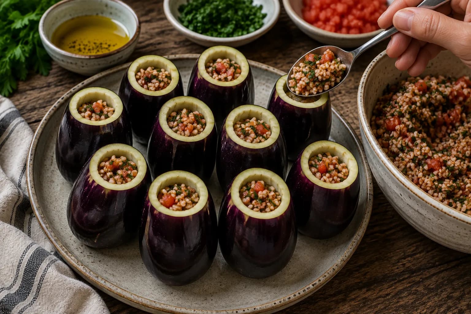 Hollow eggplants being loosely filled with fragrant raw herbed rice mixture.