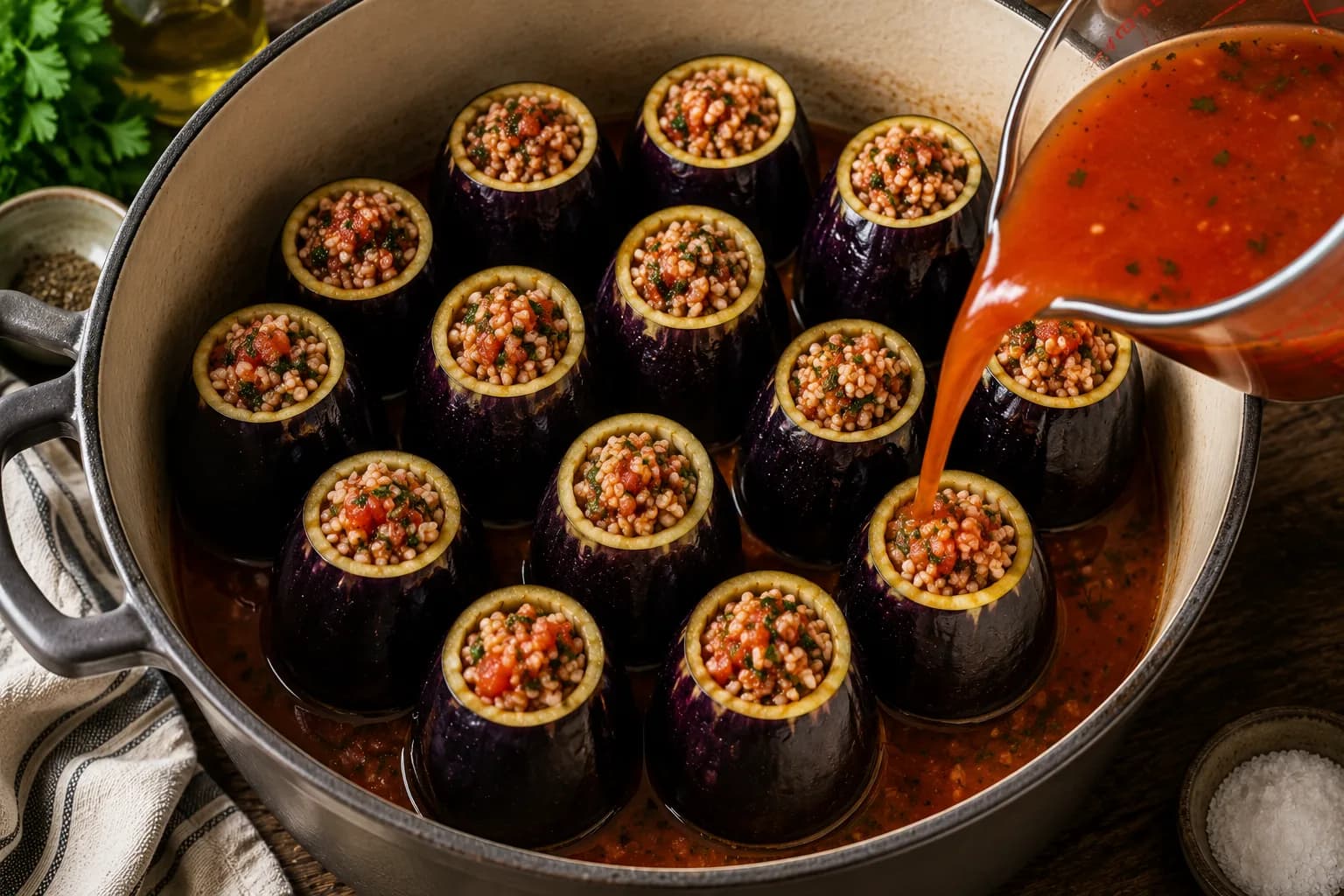 Stuffed eggplants arranged in a baking dish with hot seasoned cooking liquid around them.