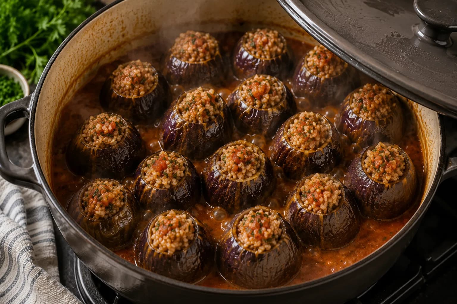Egyptian stuffed eggplants baking covered in a dish so the rice cooks gently in tomato-rich juices.