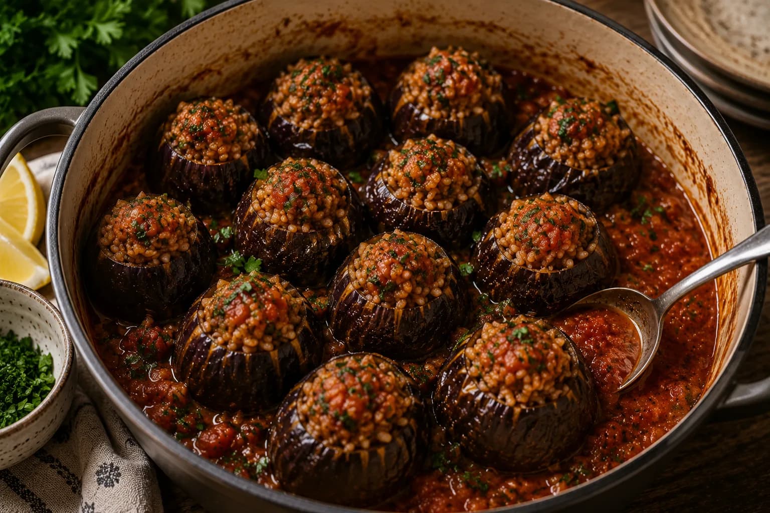 Finished Egyptian stuffed eggplant with herbed rice served warm with fresh herbs in a stylish kitchen.
