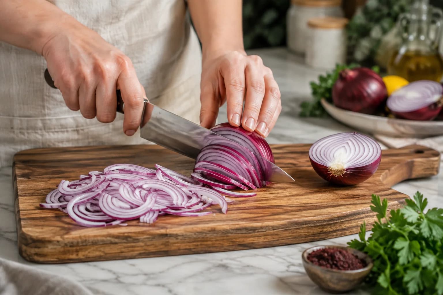 A medium red onion being thinly sliced into even half-moon pieces on a kitchen cutting board.