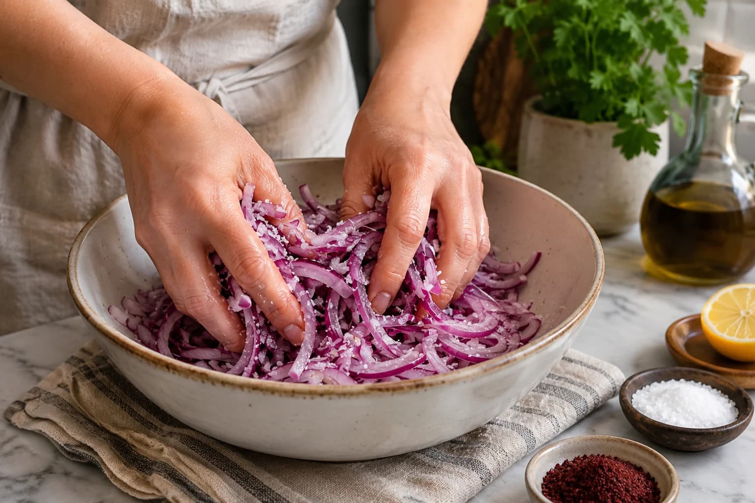 Thinly sliced red onion being gently massaged with salt in a mixing bowl to soften the raw onion bite.