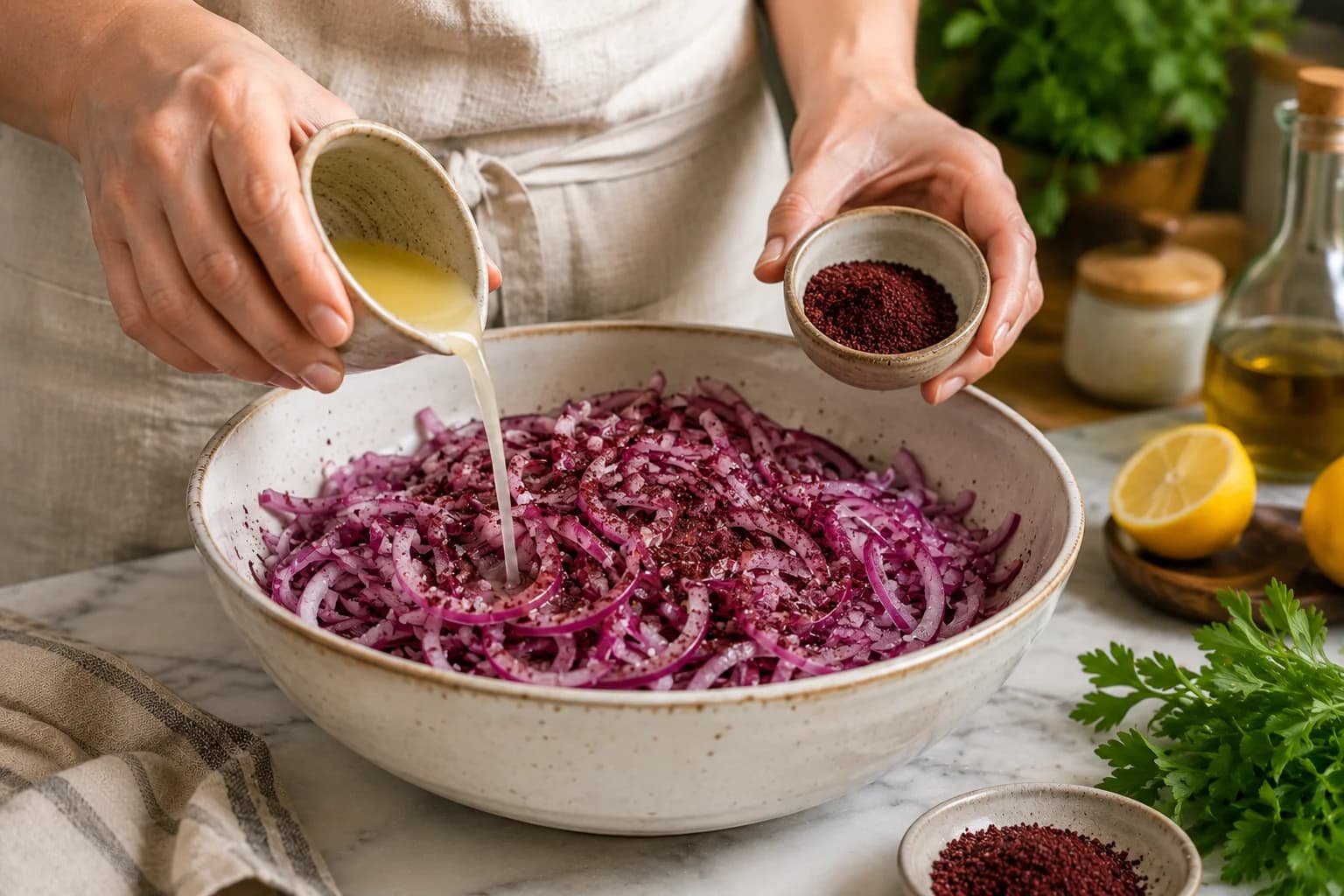 Salted red onion slices coated with fresh lemon juice and ground sumac in a mixing bowl.