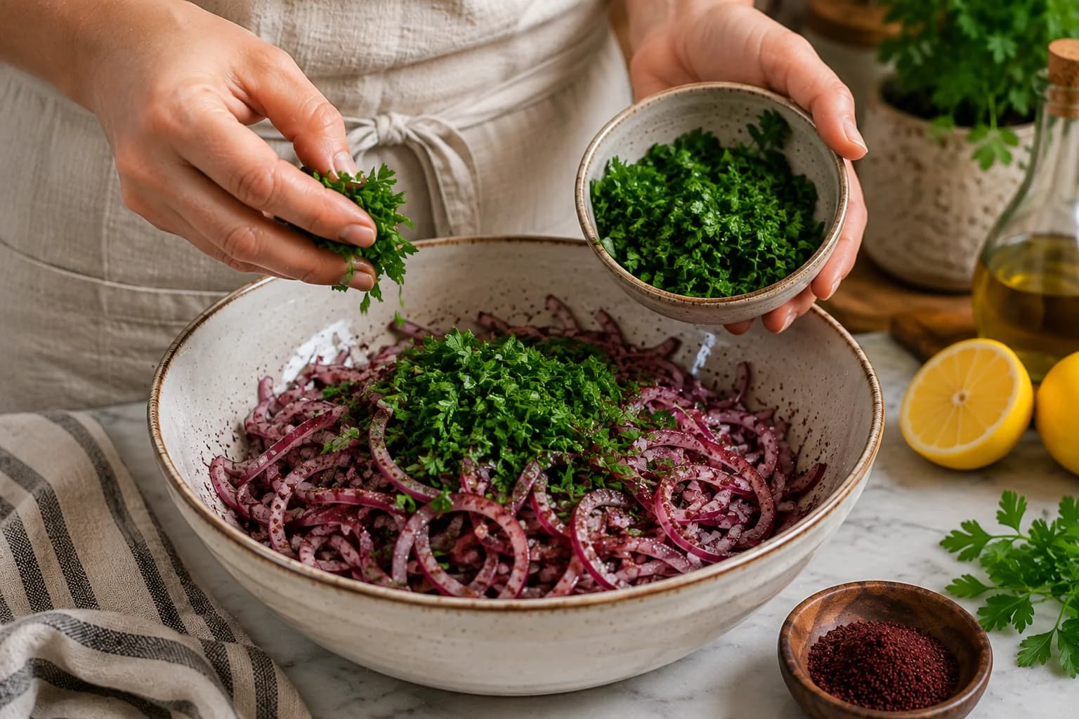 Fresh chopped flat-leaf parsley being added generously to the lemony sumac-coated red onion mixture.