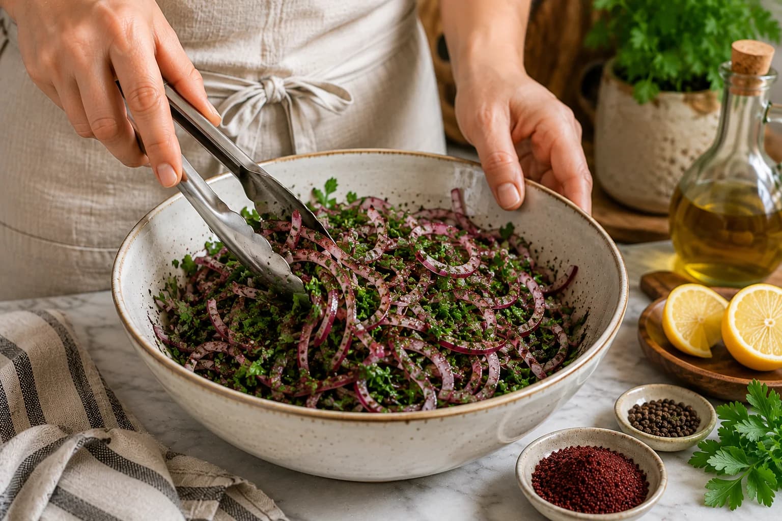 Turkish sumac onion salad being gently tossed with olive oil and black pepper until the onion and parsley are evenly coated.