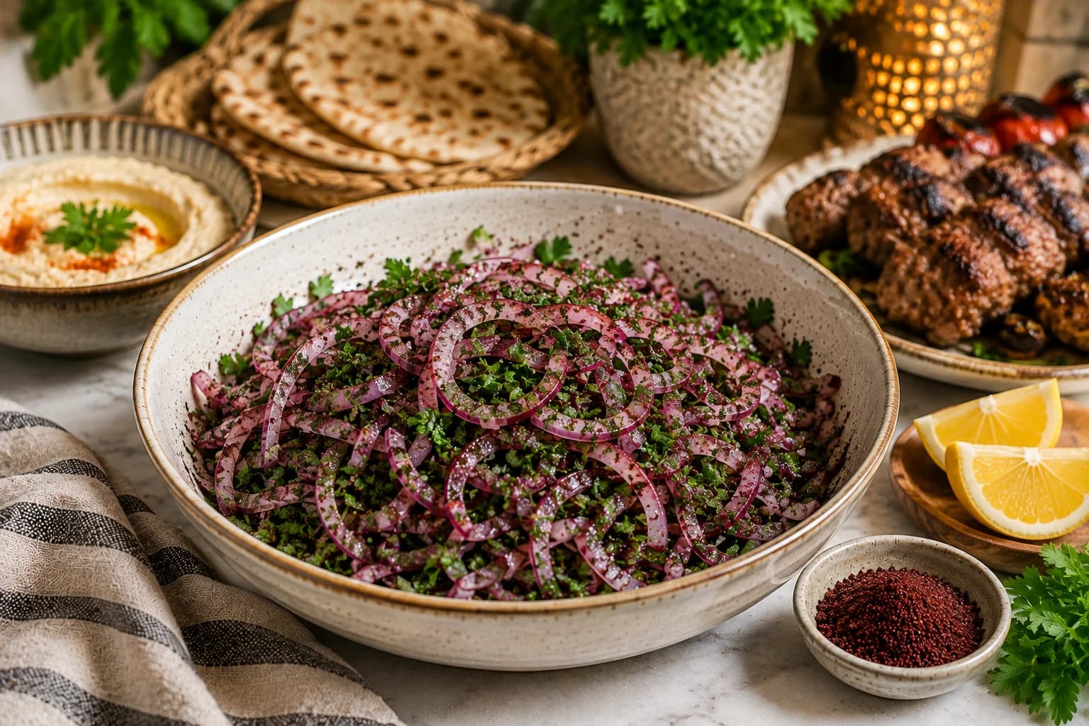 Fresh Turkish sumac onion salad served in a stylish bowl with thin red onion, parsley, and visible sumac beside grilled Mediterranean-style foods.