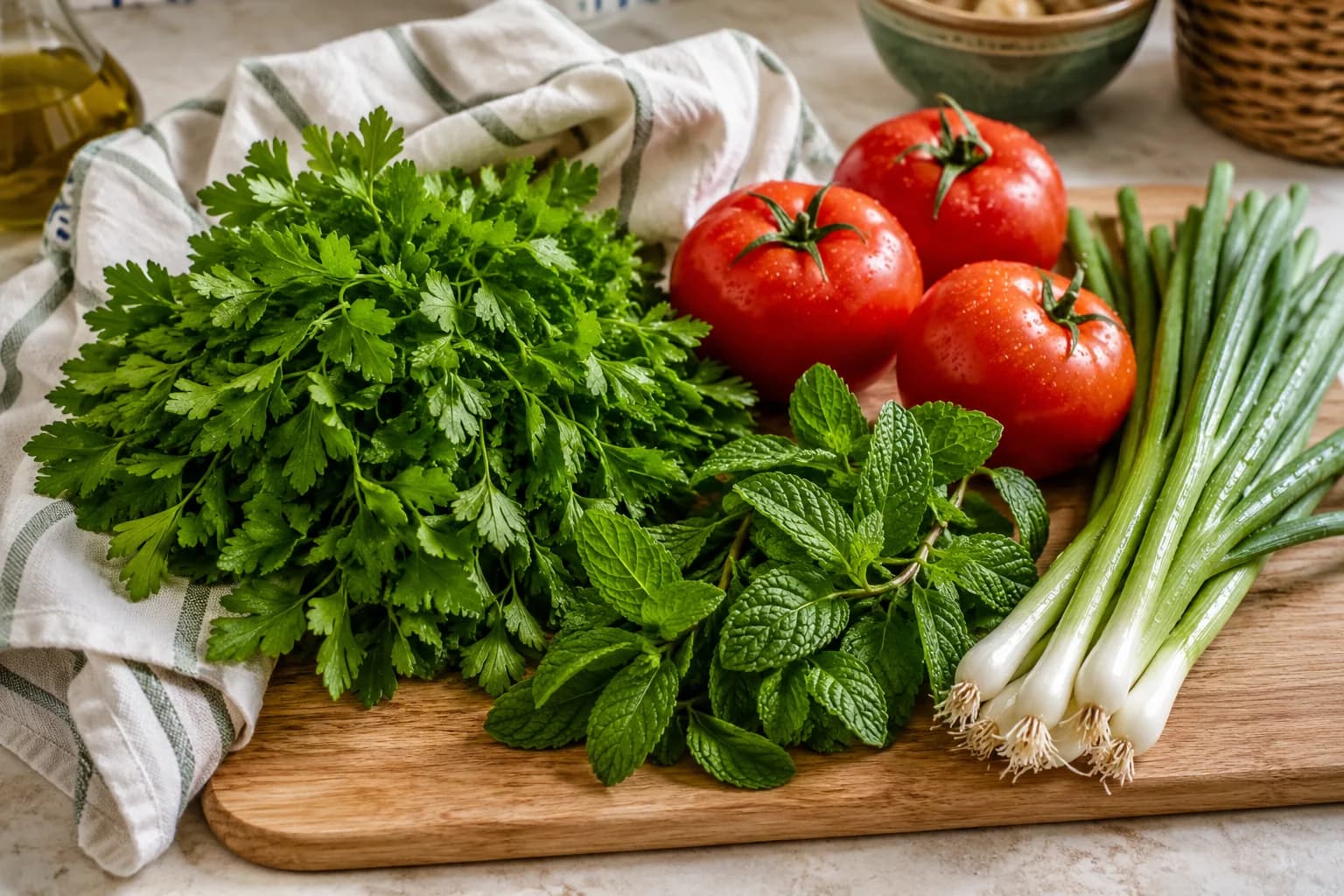 Fresh parsley, mint, tomatoes, and green onions prepared for Lebanese tabbouleh.