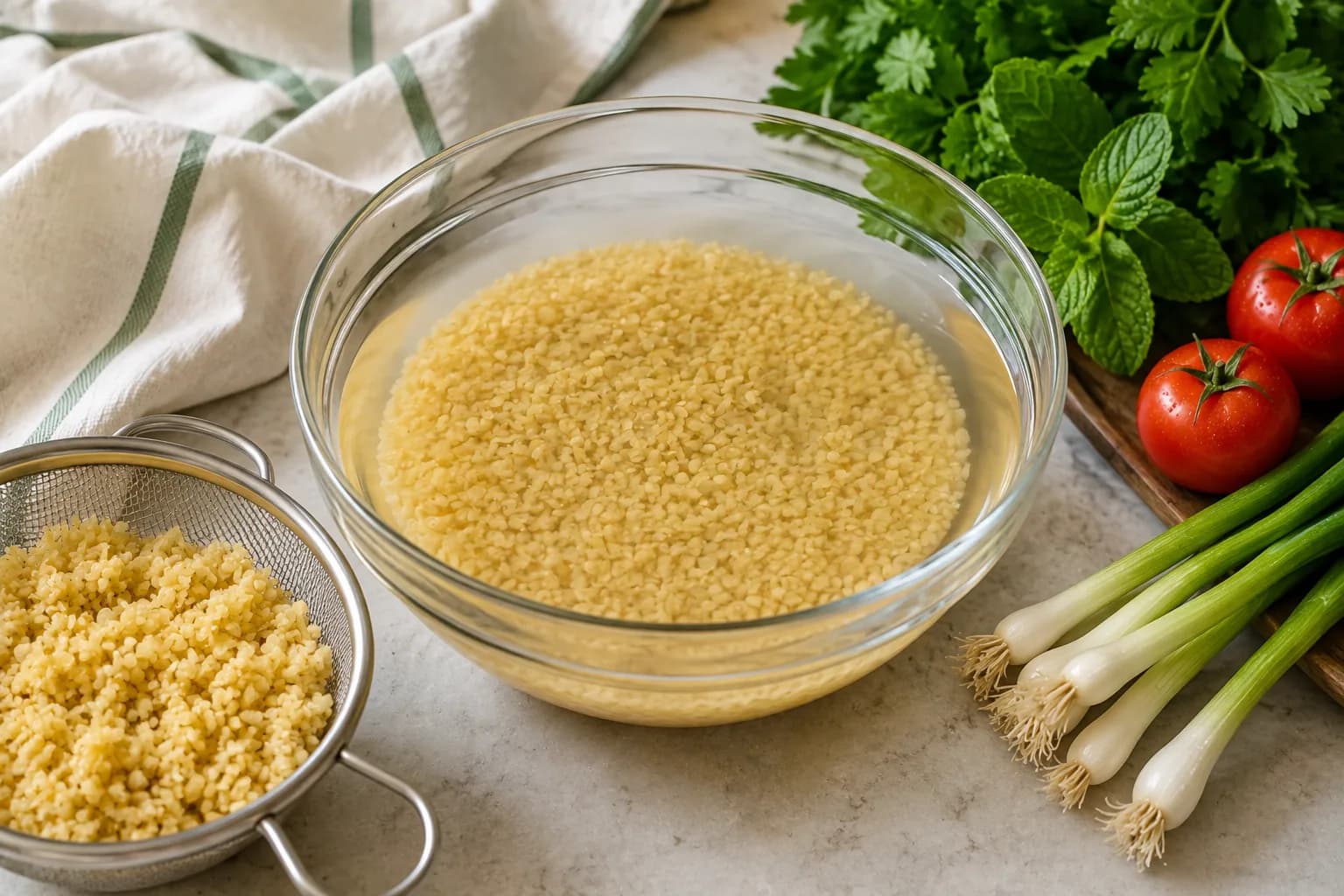 Fine bulgur wheat soaking and being prepared for traditional Lebanese tabbouleh.