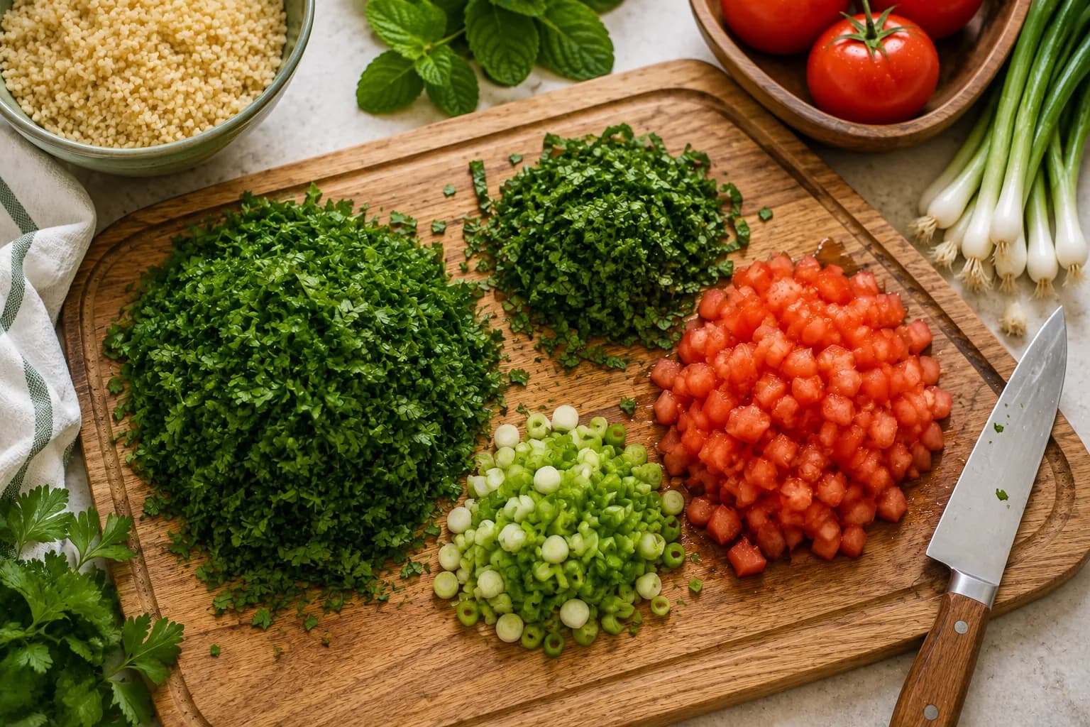 Finely chopped parsley, mint, tomatoes, and green onions for Lebanese tabbouleh.