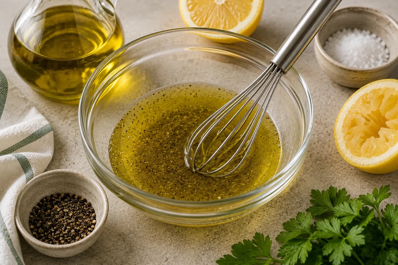 Extra virgin olive oil, fresh lemon juice, salt, and black pepper being mixed for tabbouleh dressing.