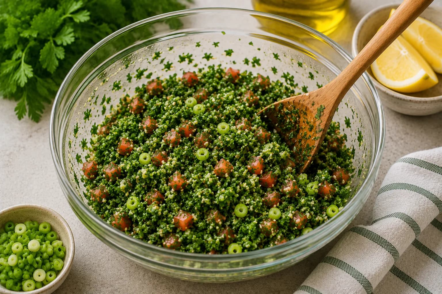 Fresh parsley, mint, tomatoes, green onions, and bulgur being gently mixed for tabbouleh.