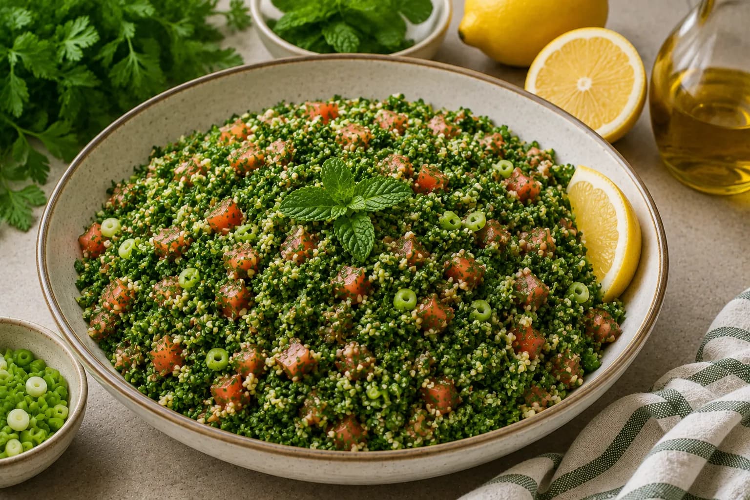 Finished Lebanese tabbouleh salad with fresh parsley, mint, tomatoes, green onions, and bulgur.