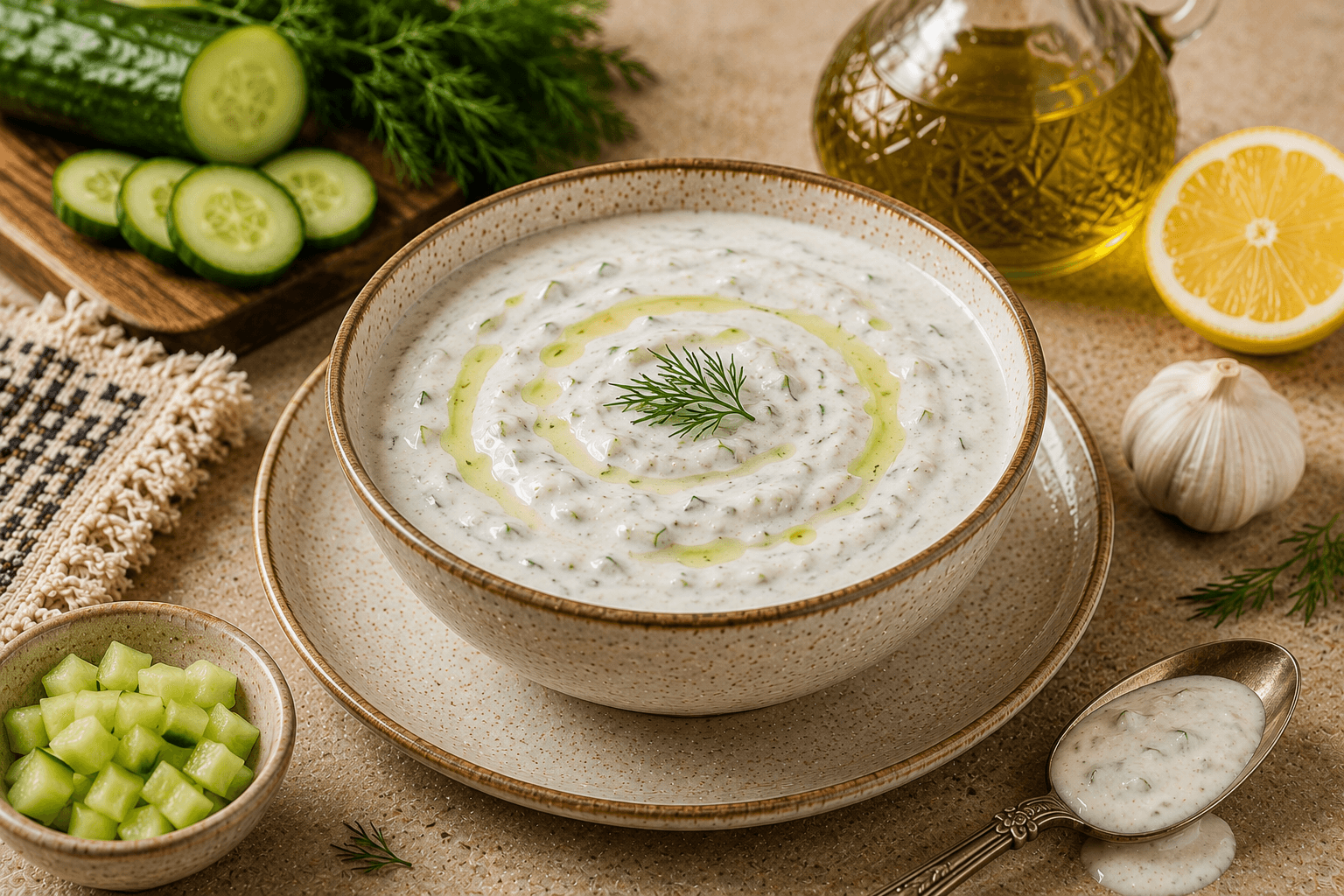 A bowl of Lebanese Tarator sauce garnished with parsley, sesame seeds, garlic, lemon wedges, and olive oil.