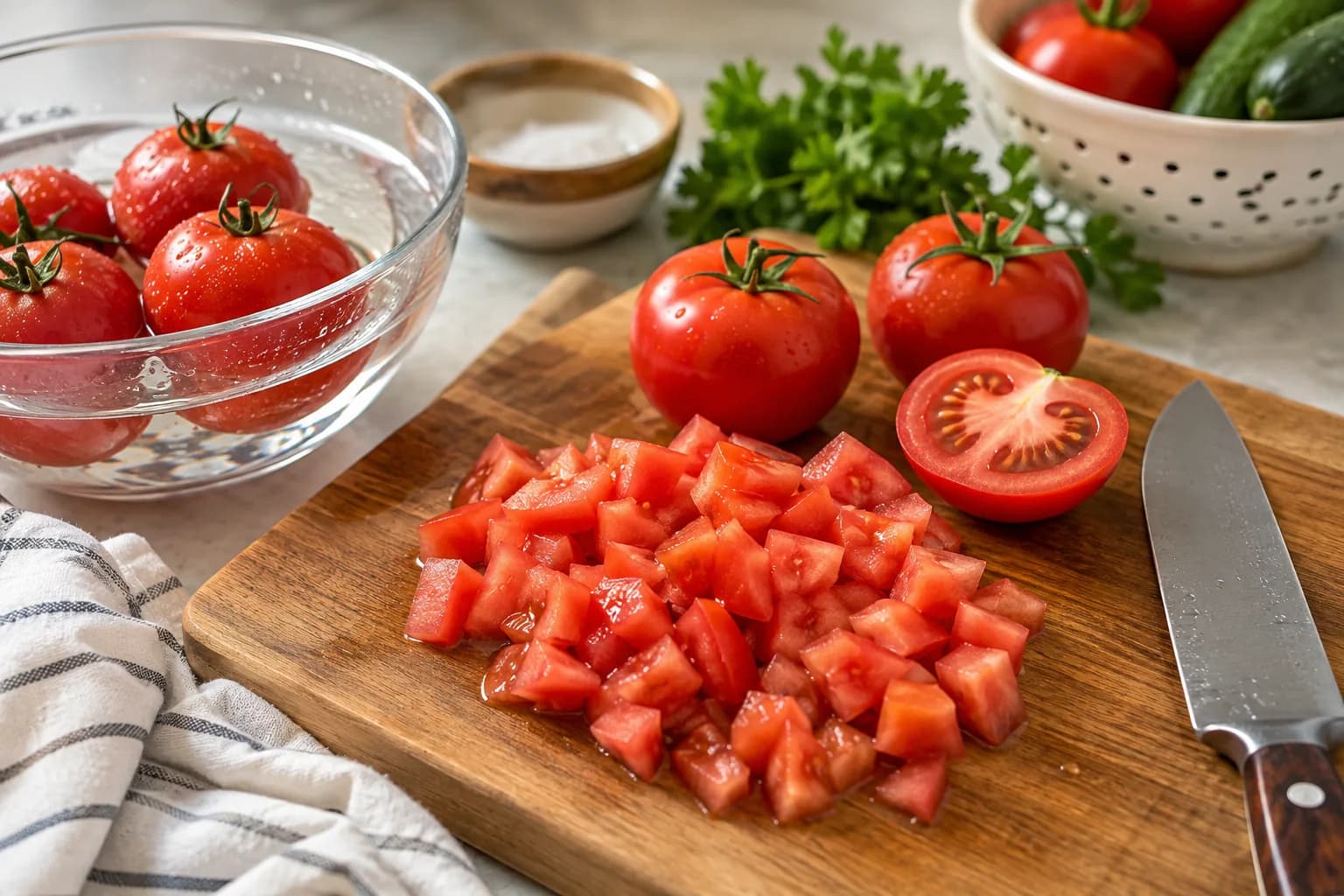 Ripe tomatoes being washed and diced for Mediterranean tomato cucumber salad.