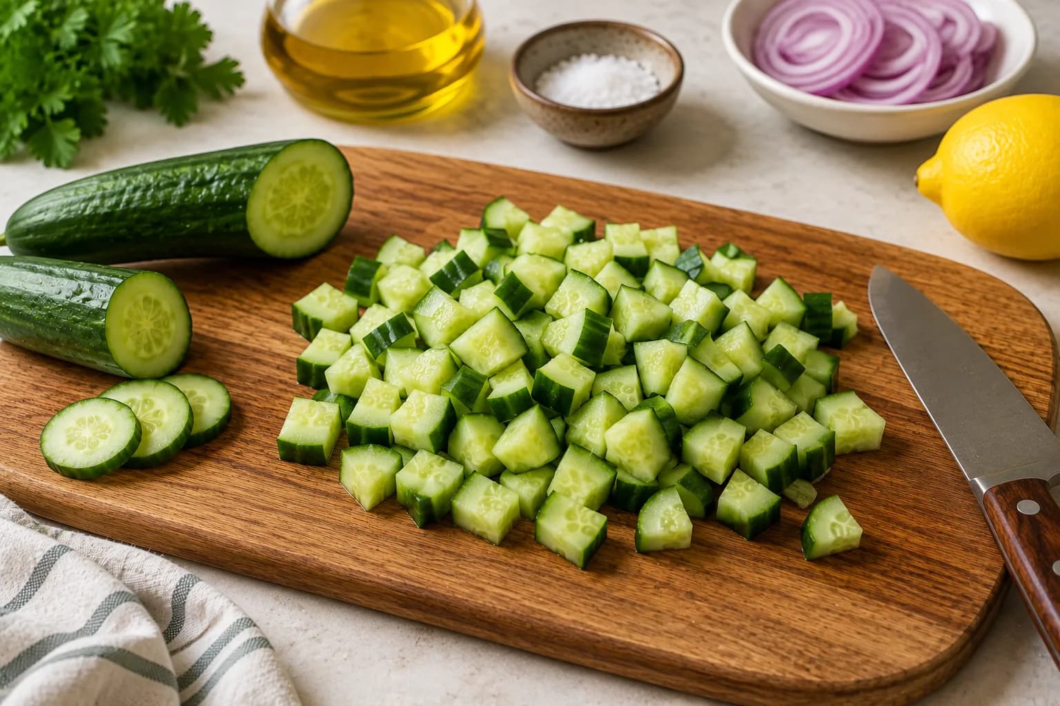 Fresh cucumbers being diced into bite-sized pieces for Mediterranean salad.