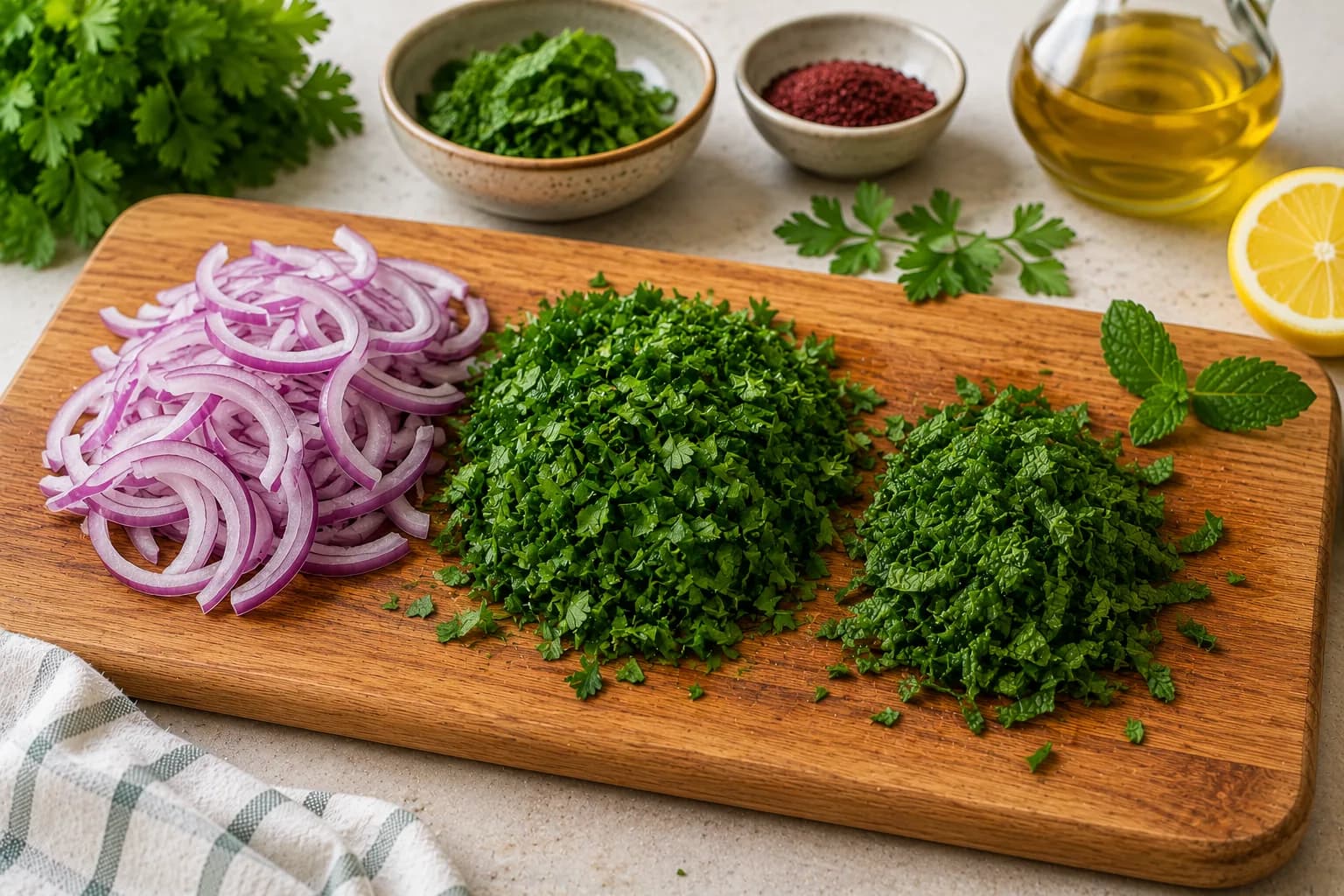 Fresh parsley, mint, and red onion being prepared for tomato cucumber salad.