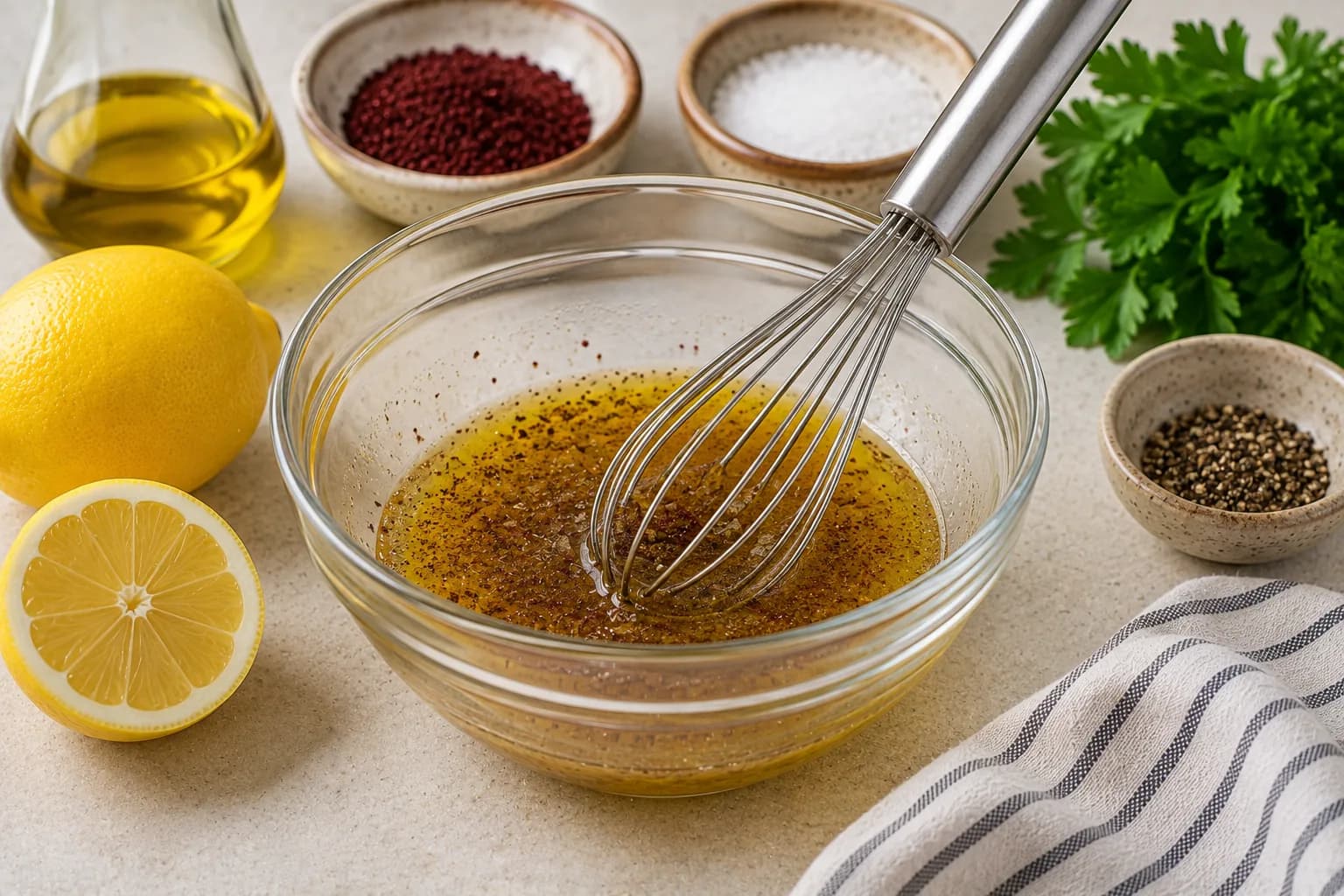 Lemon olive oil dressing being whisked with sumac, salt, and black pepper.