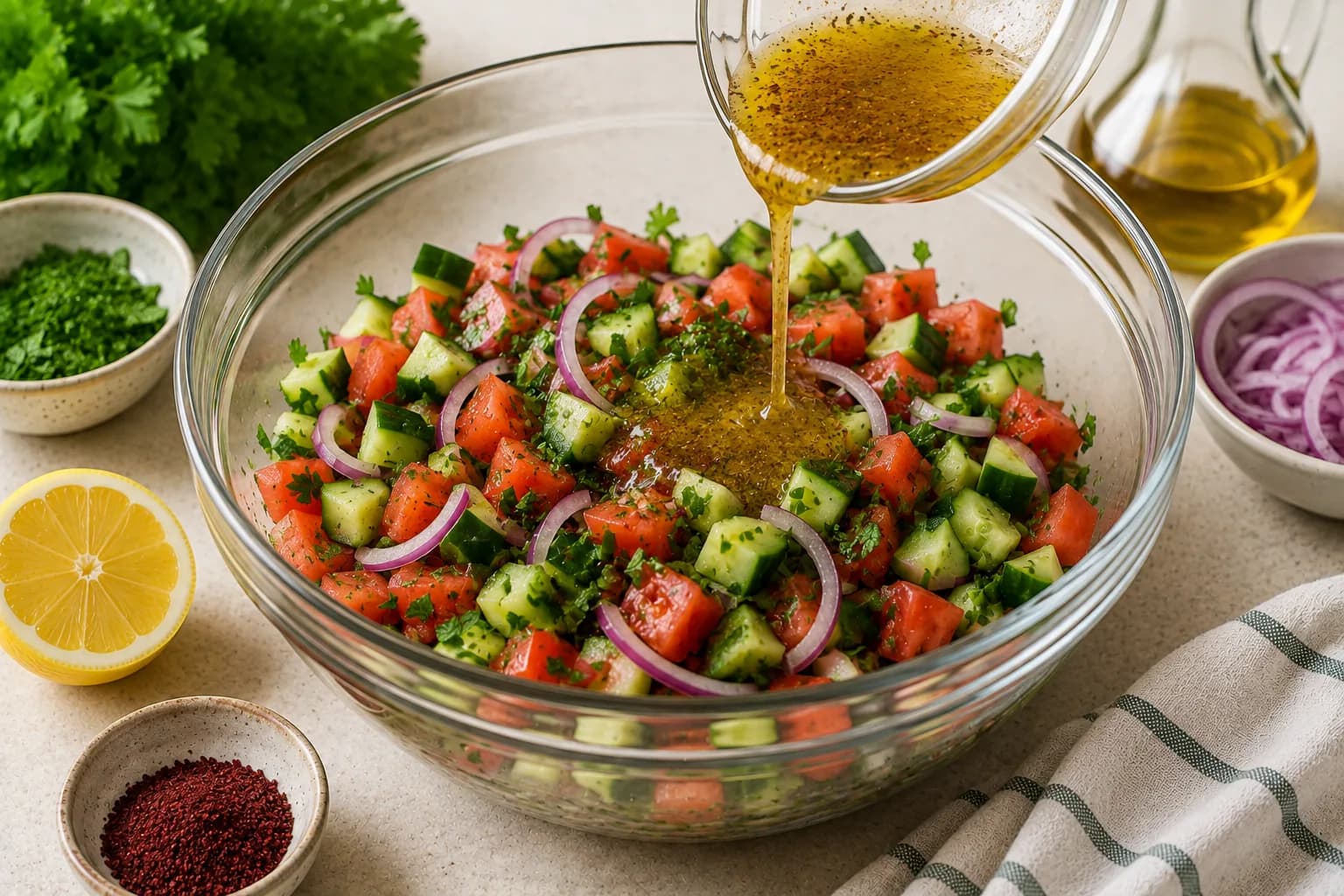 Tomatoes, cucumbers, herbs, onion, and lemon dressing being combined in a large bowl.